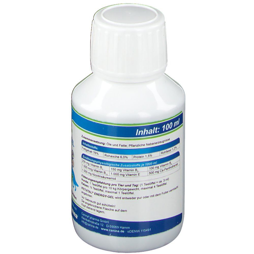 Weiße Flasche mit blauer Banderole. Aufschrift: Inhalt: 100 ml. Detailansicht der Inhaltsstoffe. Für Hunde und Katzen.