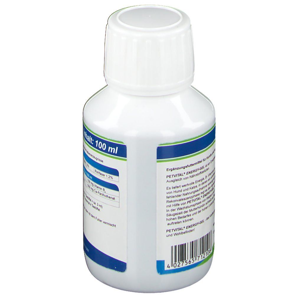 Weiße Flasche mit blauer Banderole. Aufschrift: Inhalt: 100 ml. Detailansicht der Inhaltsstoffe. Für Hunde und Katzen.