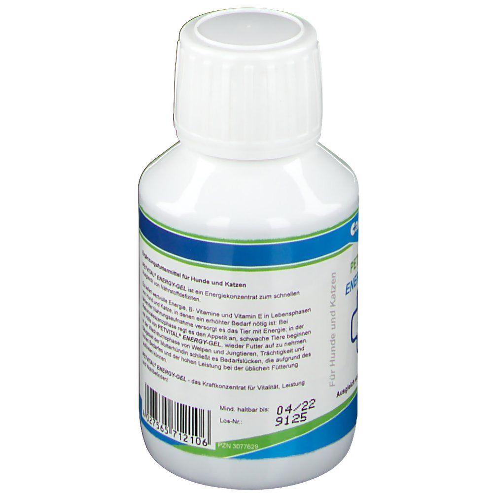 Weiße Flasche mit blauer Banderole. Aufschrift: PETVITAL ENERGY-GEL. Mind. haltbar bis 04/22. Für Hunde und Katzen.