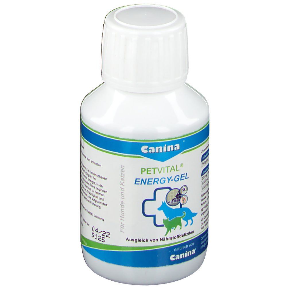 Weiße Flasche mit blau-grüner Banderole. Aufschrift: Canina PETVITAL ENERGY-GEL. Abbildung von Hund und Katze. Für Hunde und Katzen.