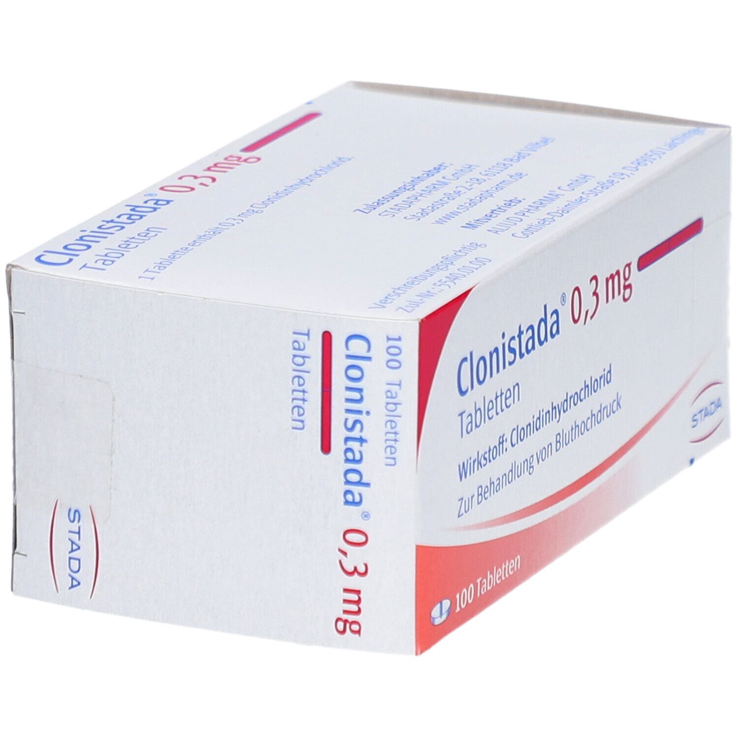 Schachtel Clonistada® 0,3 mg Tabletten, schräg. Aufschrift: Clonistada®, 0,3 mg, Tabletten. Barcode und Verfallsdatum.