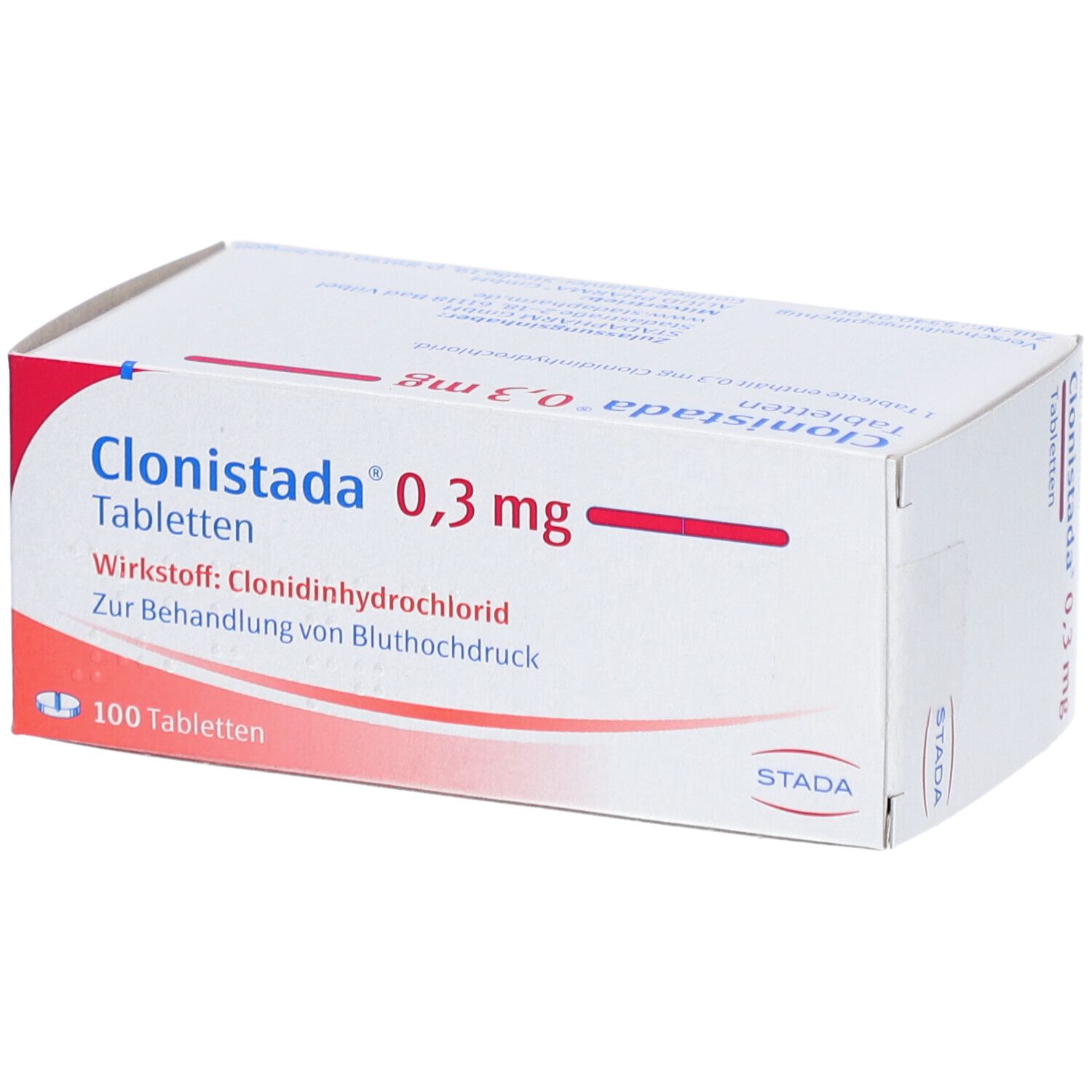 Schachtel Clonistada® 0,3 mg Tabletten. Aufschrift: Clonistada®, 0,3 mg, Tabletten, 100 Tabletten. STADA Logo.