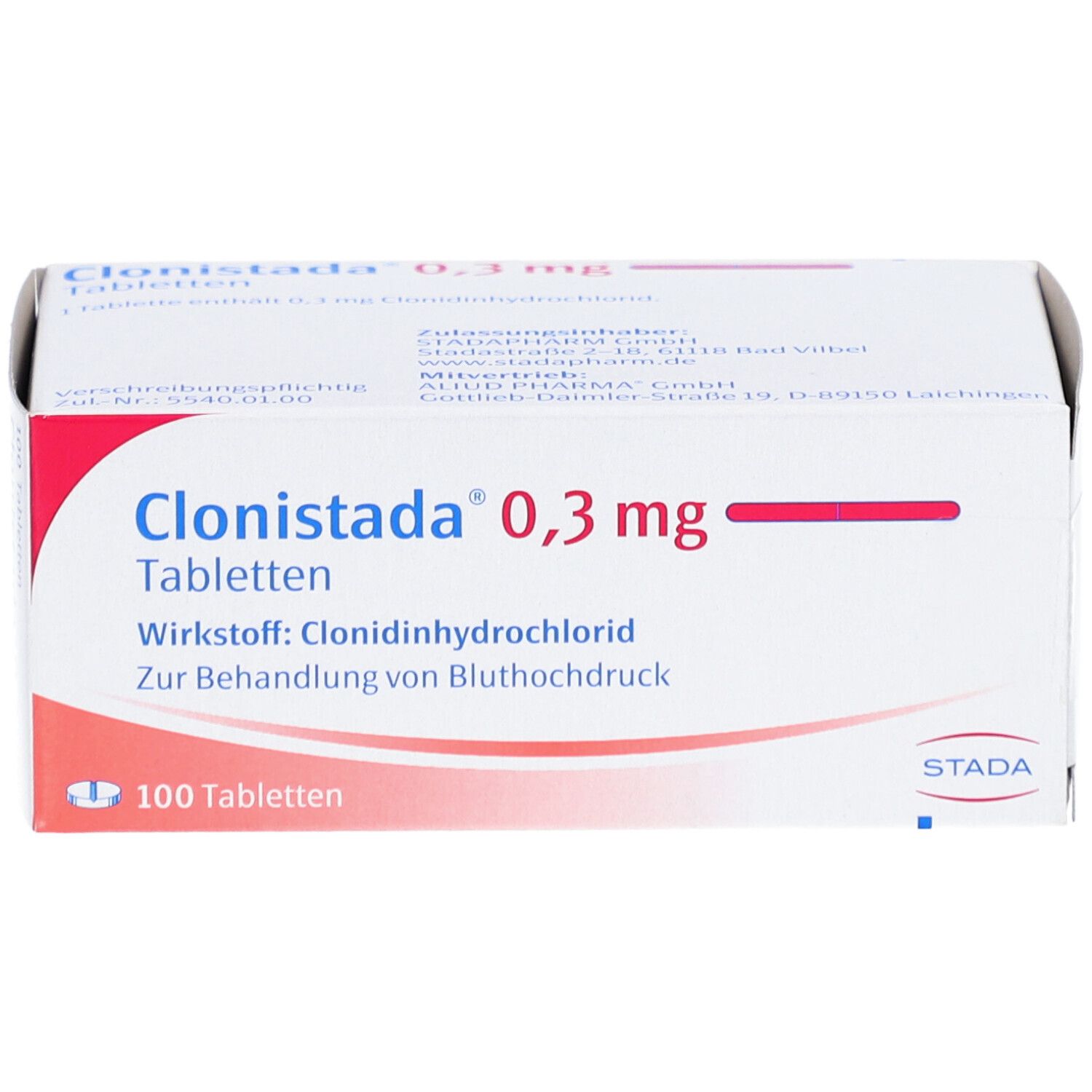 Schachtel Clonistada® 0,3 mg Tabletten. Aufschrift: Clonistada®, 0,3 mg, Tabletten, 100 Tabletten. STADA Logo.