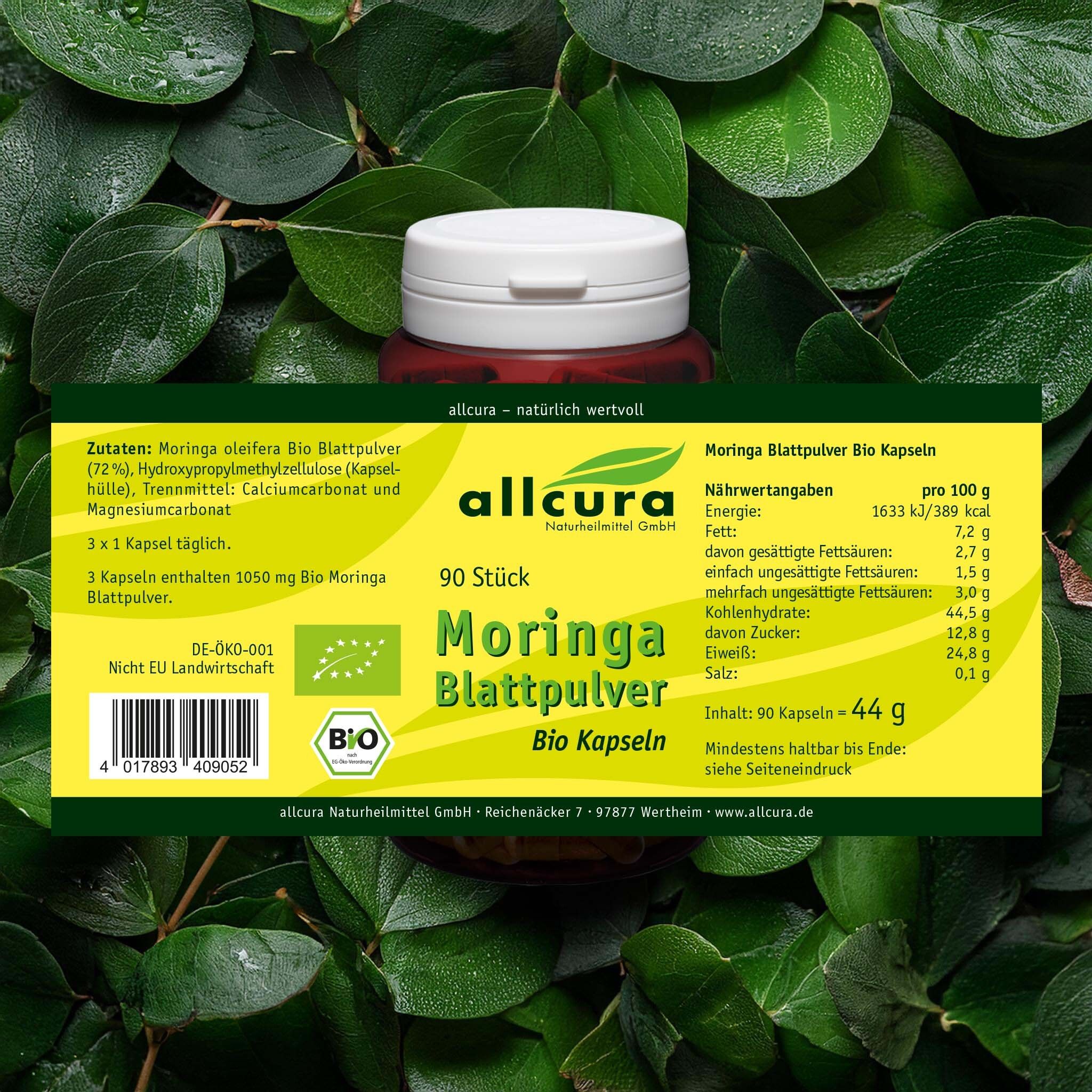 Flasche mit allcura Moringa Blattpulver Bio Kapseln. Aufschrift: 90 Stück. Nährwertangaben. Bio-Siegel.