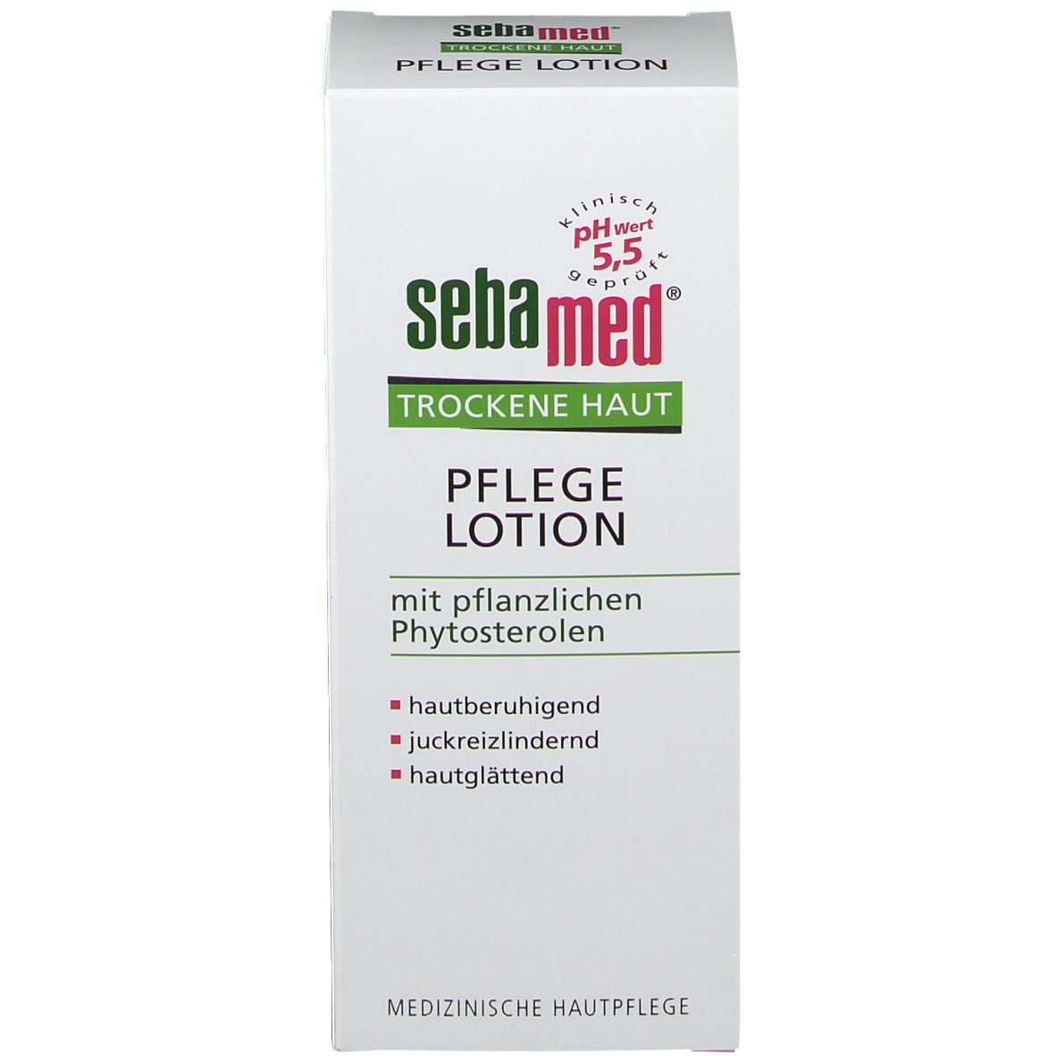 Verpackung "sebamed Trockene Haut Pflegelotion". Text: hautberuhigend, juckreizlindernd, hautglättend. pH 5,5.