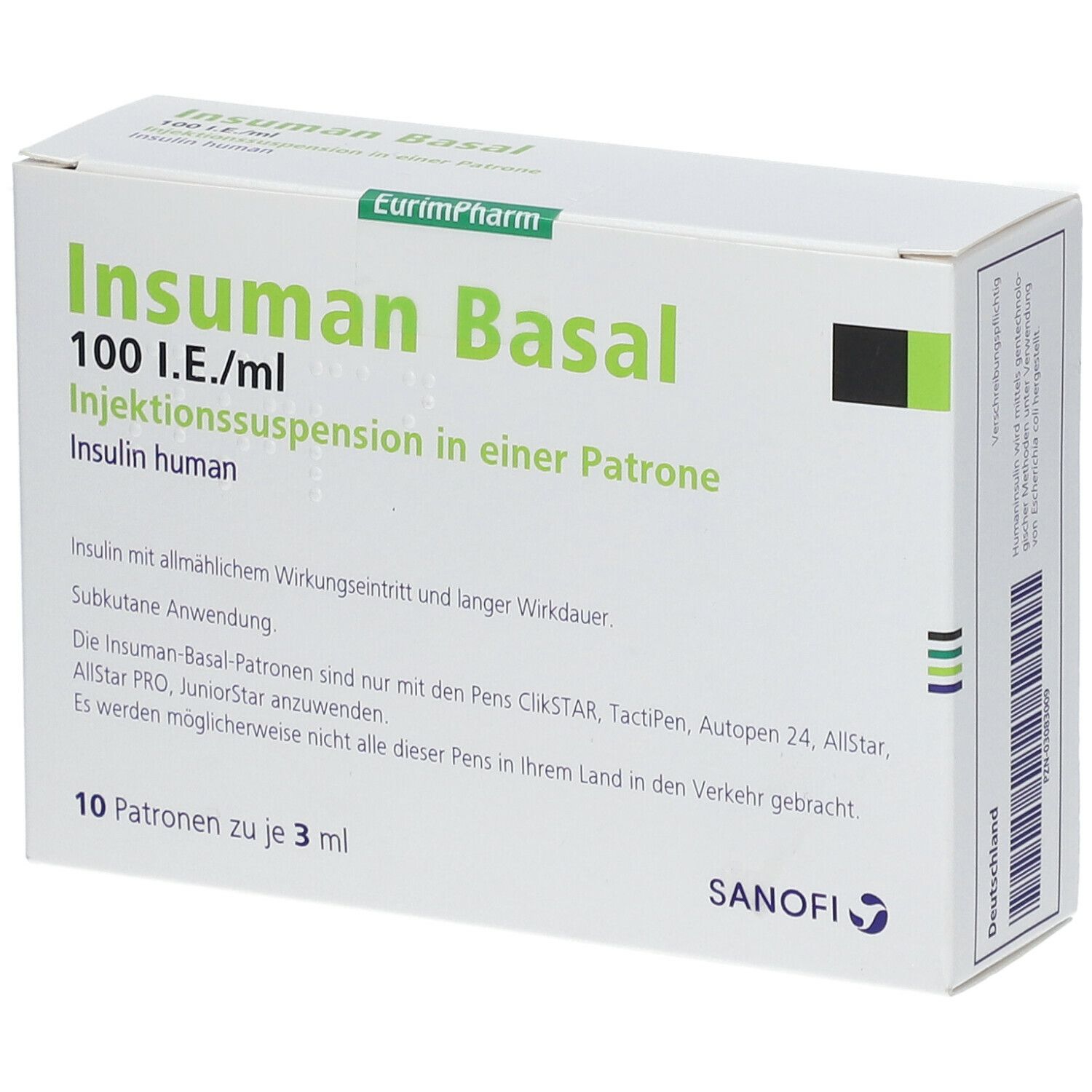 Karton mit Aufschrift Insuman Basal 100 I.E./ml. Enthält 10 Patronen zu je 3 ml. Sanofi-Logo.