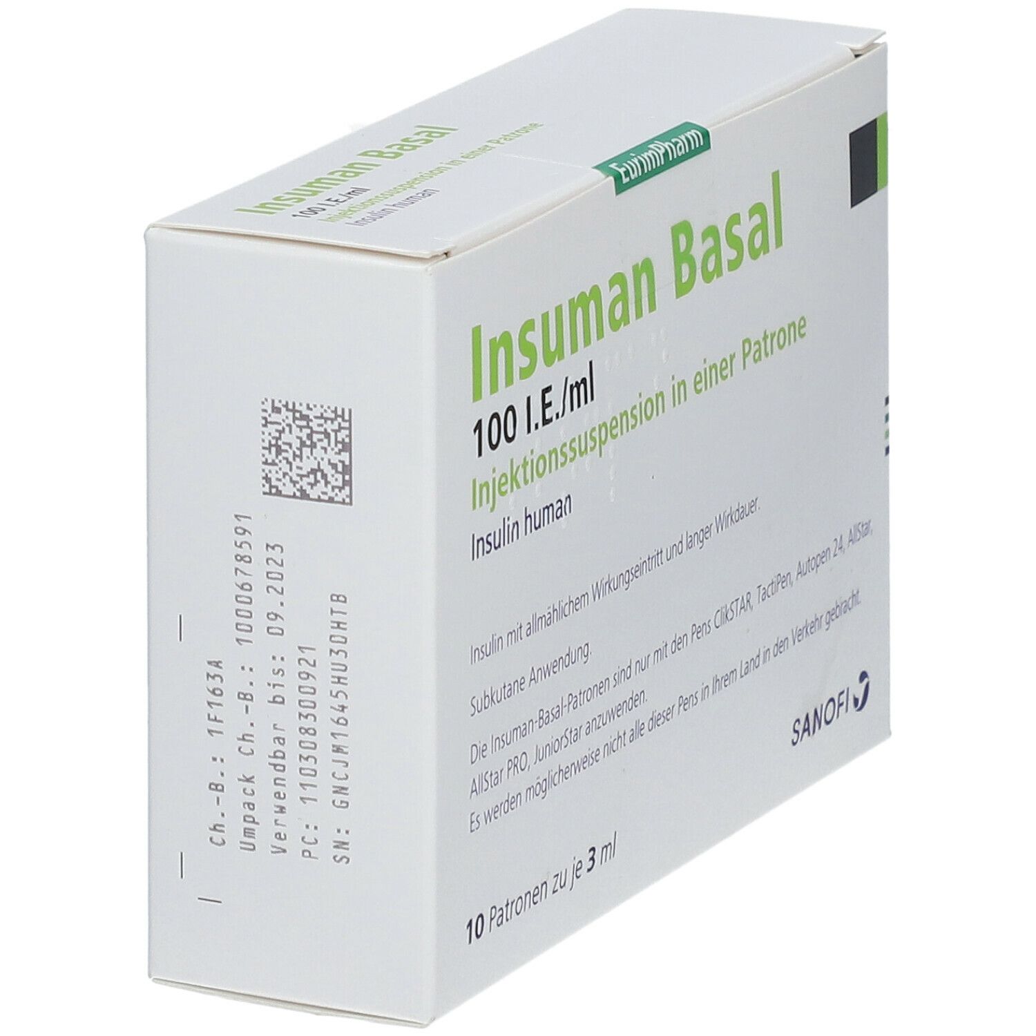 Karton Insuman Basal 100 I.E./ml. Seitenansicht mit Chargennummer und Verfallsdatum. Sanofi-Logo.