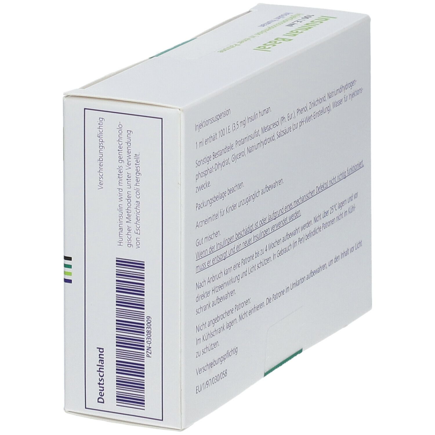 Karton Insuman Basal 100 I.E./ml. Rückseite mit Text und Barcode. Hergestellt in Deutschland.