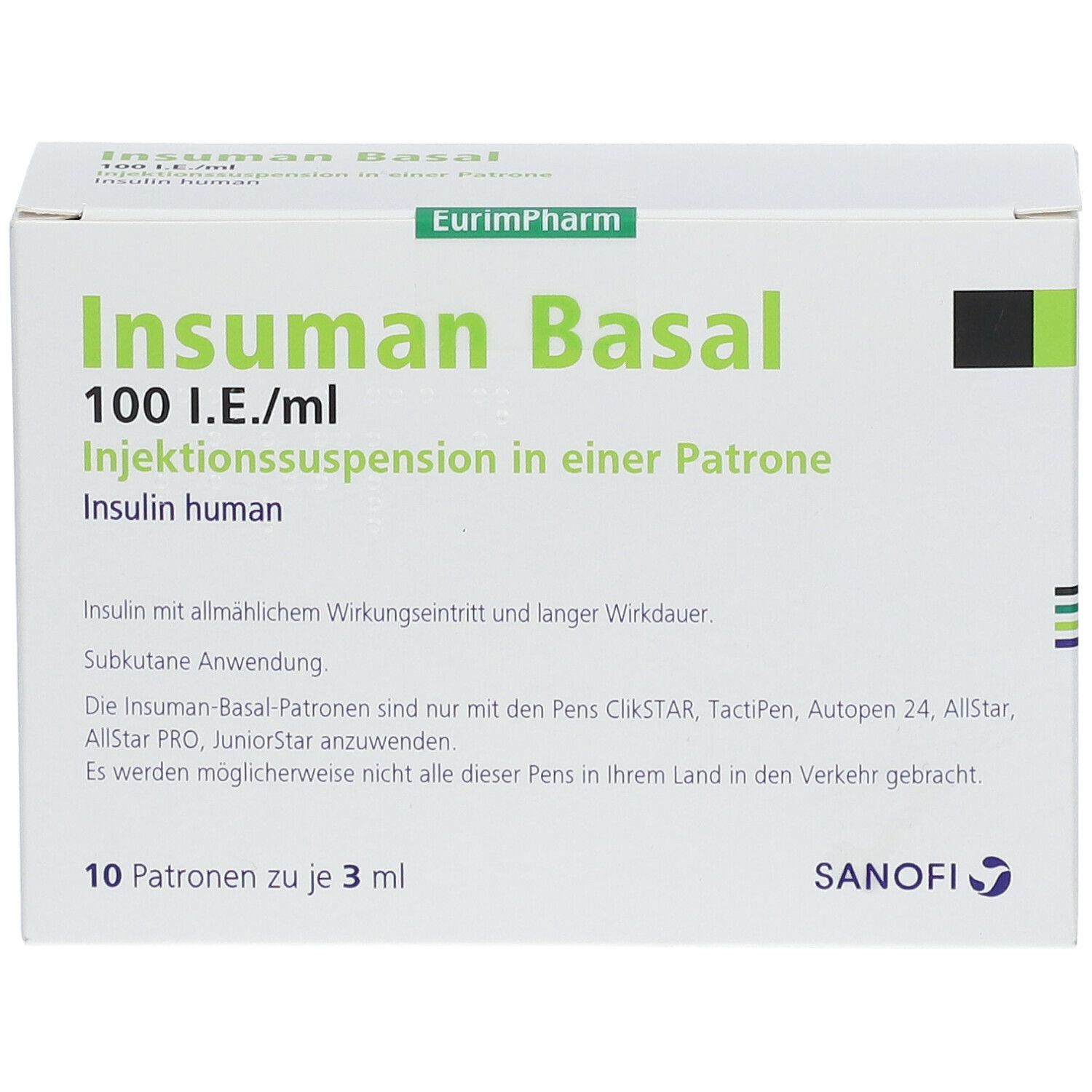 Karton Insuman Basal 100 I.E./ml. Vorderansicht mit Produktnamen und Logo. 10 Patronen zu je 3 ml.