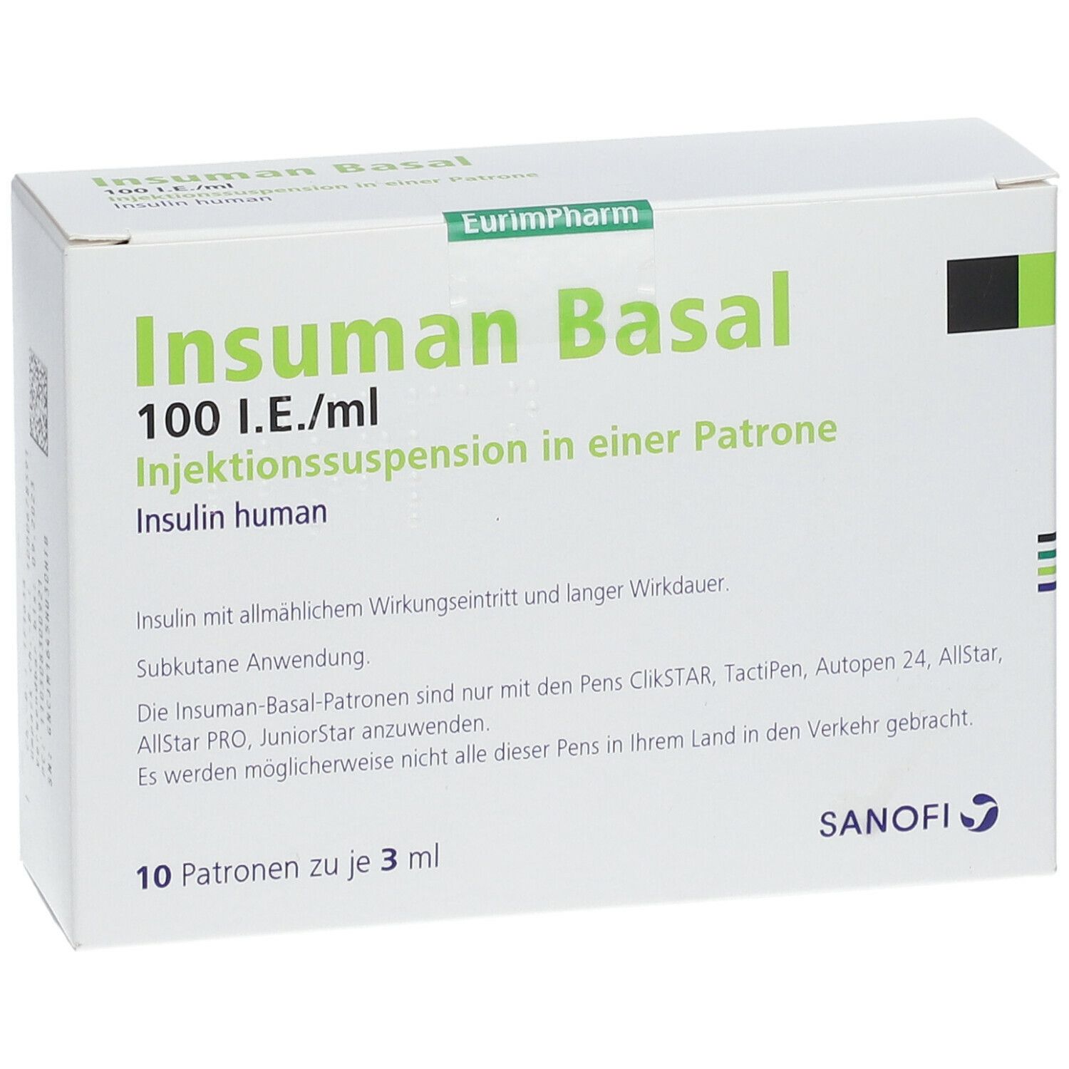 Karton Insuman Basal 100 I.E./ml. Vorderansicht mit Produktnamen und Logo. 10 Patronen zu je 3 ml.