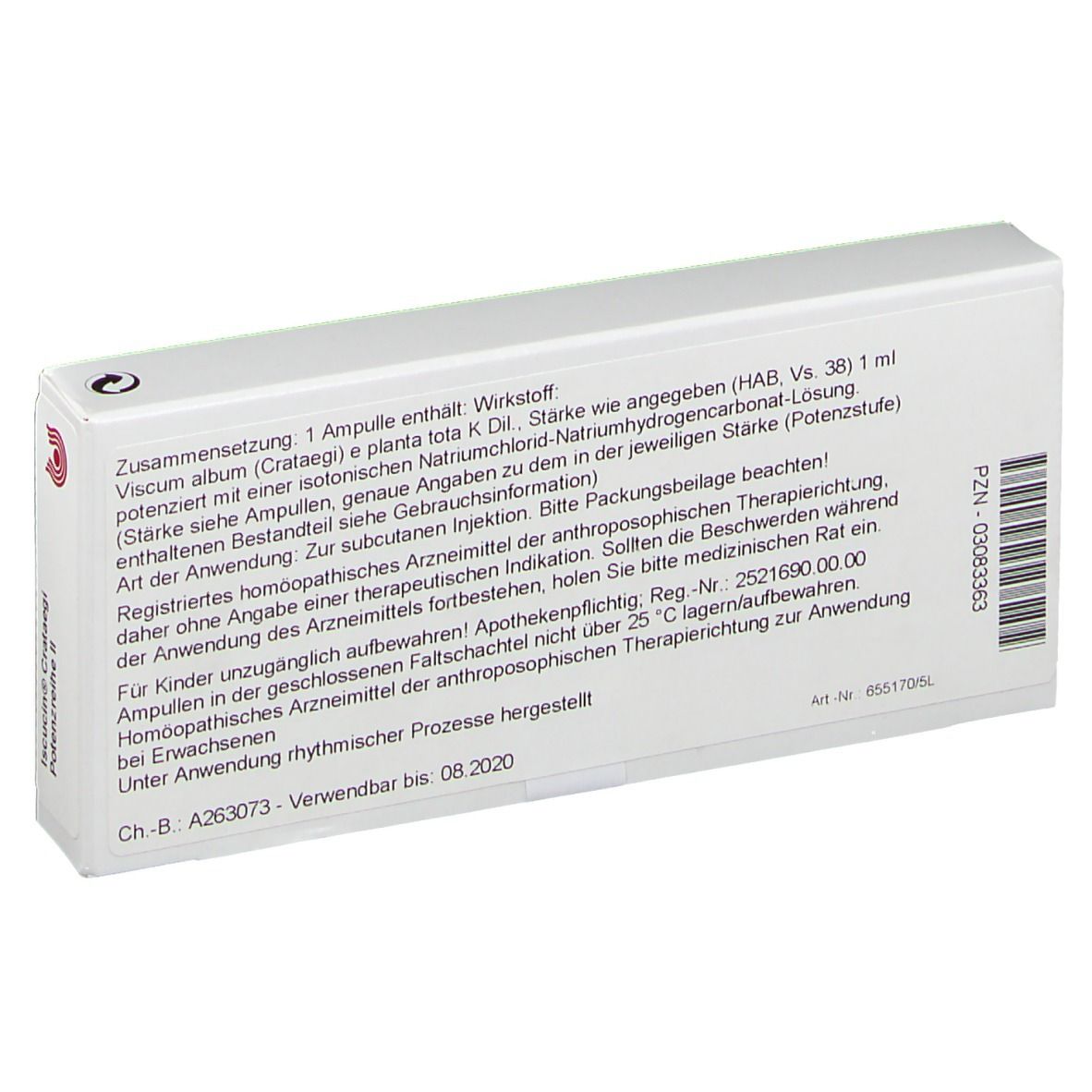 Rückseite der weißen Produktverpackung. Text in deutscher Sprache. Beschriftung: WALA Iscucin Crataegi Potenzreihe II.