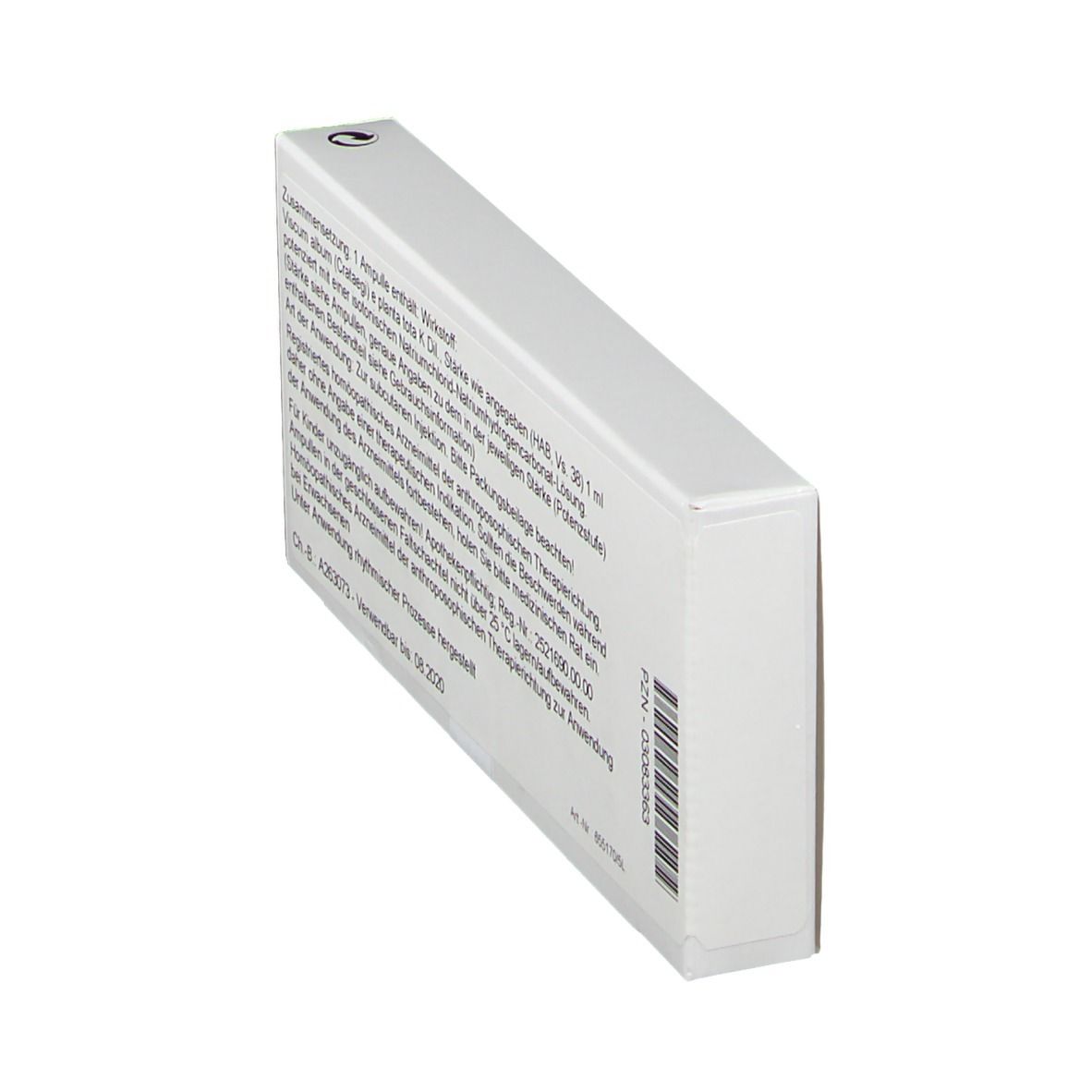 Schräg stehende Rückseite der weißen Produktverpackung. Text in deutscher Sprache. Beschriftung: WALA Iscucin Crataegi Potenzreihe II.