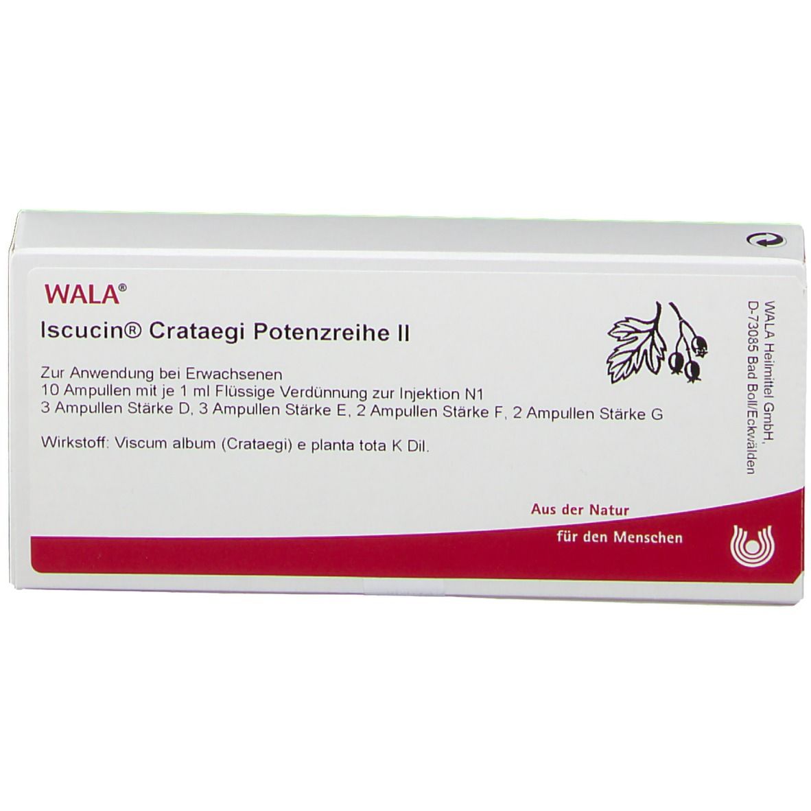 Weiße Produktverpackung mit roter Schrift. Beschriftung: WALA Iscucin Crataegi Potenzreihe II. Text und Logo.