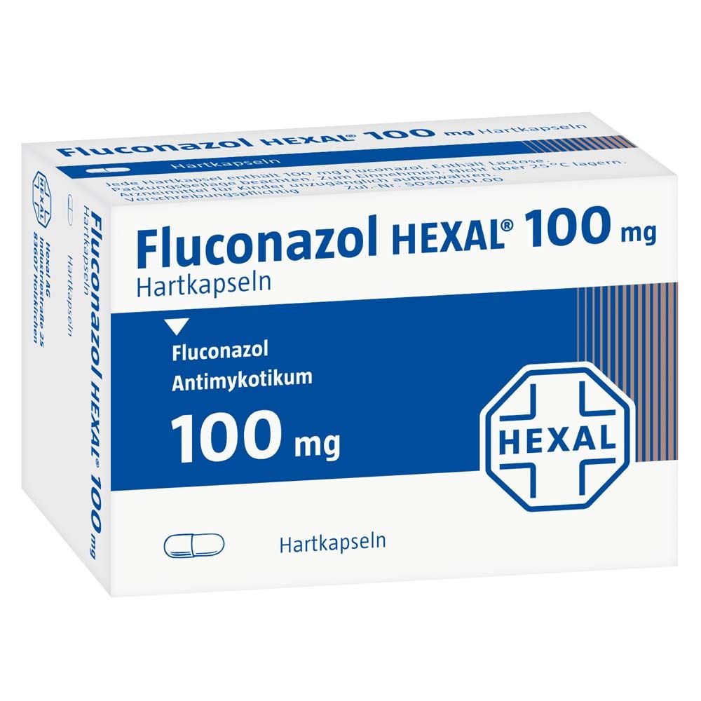 Schachtel mit Fluconazol HEXAL 100 mg Hartkapseln. Blaue und weiße Verpackung mit Produktnamen und HEXAL-Logo.