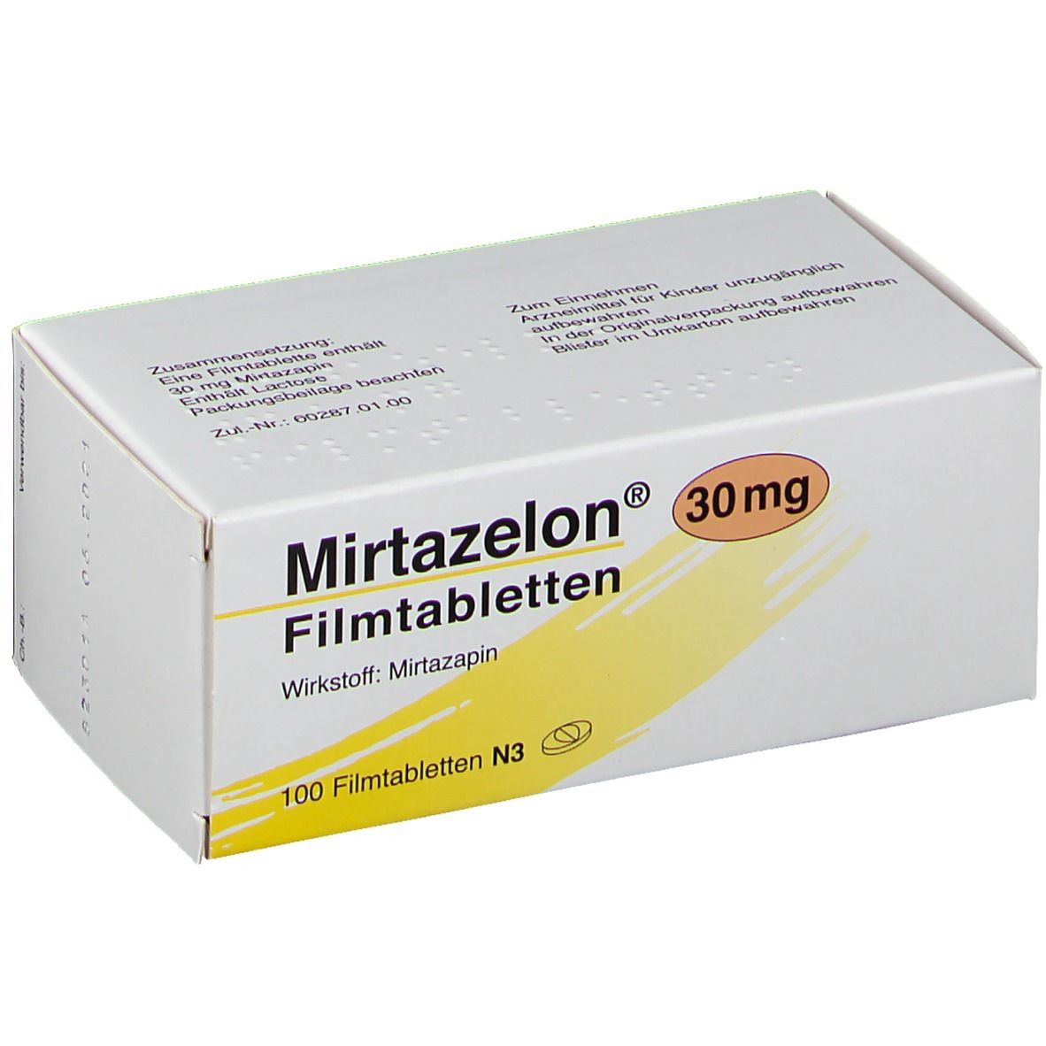 Schachtel MIRTAZELON 30 mg Filmtabletten. Aufschrift: Mirtazelon, Filmtabletten, 30 mg, 100 Filmtabletten N3. Gelber Streifen.