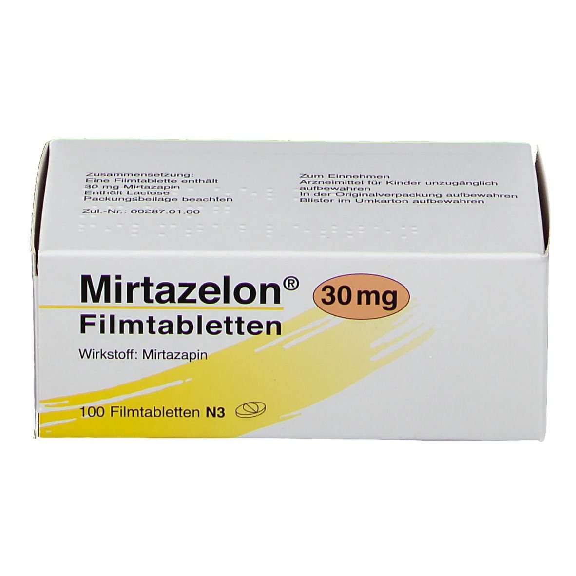 Schachtel MIRTAZELON 30 mg Filmtabletten. Aufschrift: Mirtazelon, Filmtabletten, 30 mg, 100 Filmtabletten N3. Gelber Streifen.