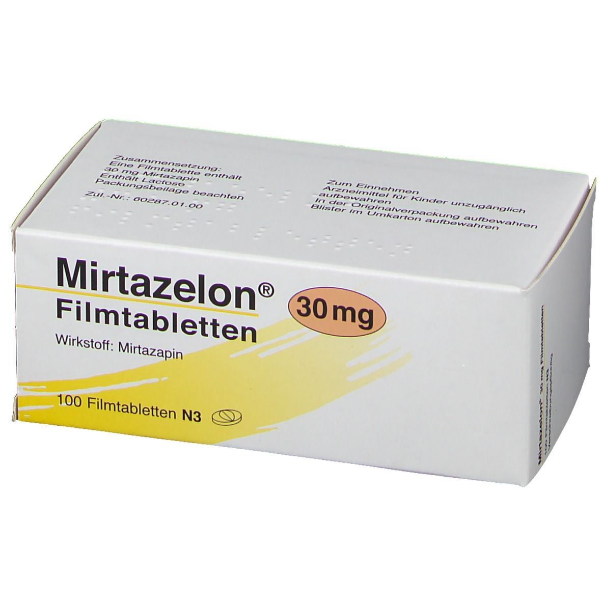 Schachtel MIRTAZELON 30 mg Filmtabletten. Aufschrift: Mirtazelon, Filmtabletten, 30 mg, 100 Filmtabletten N3. Gelber Streifen.