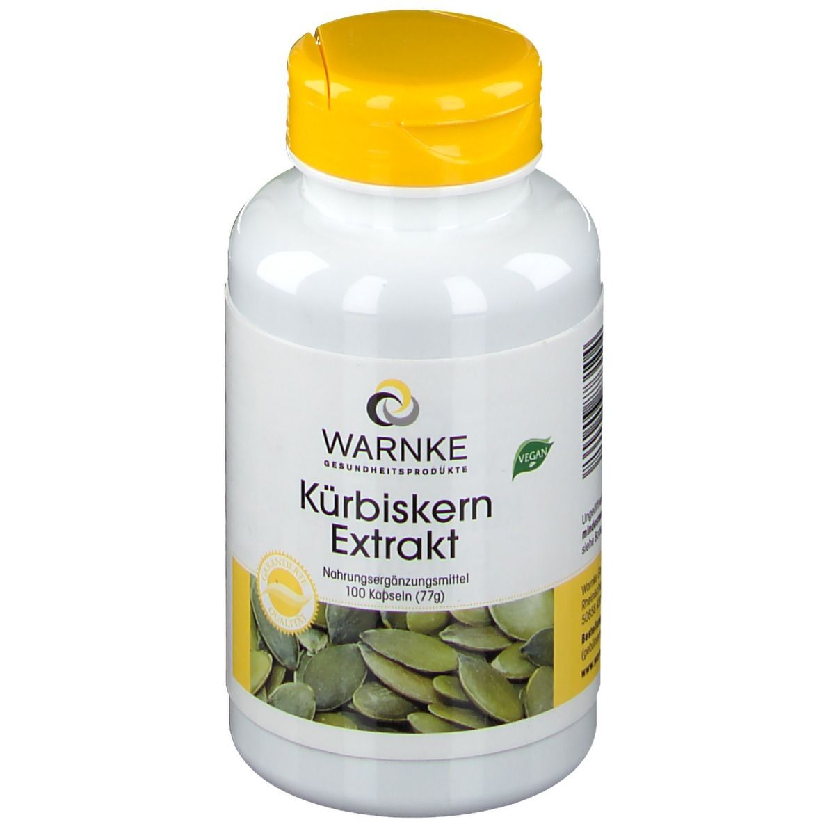 Weiße Flasche mit gelbem Deckel. Aufschrift: WARNKE Kürbiskern Extrakt. Vegan-Siegel. Abbildung von Kürbiskernen.