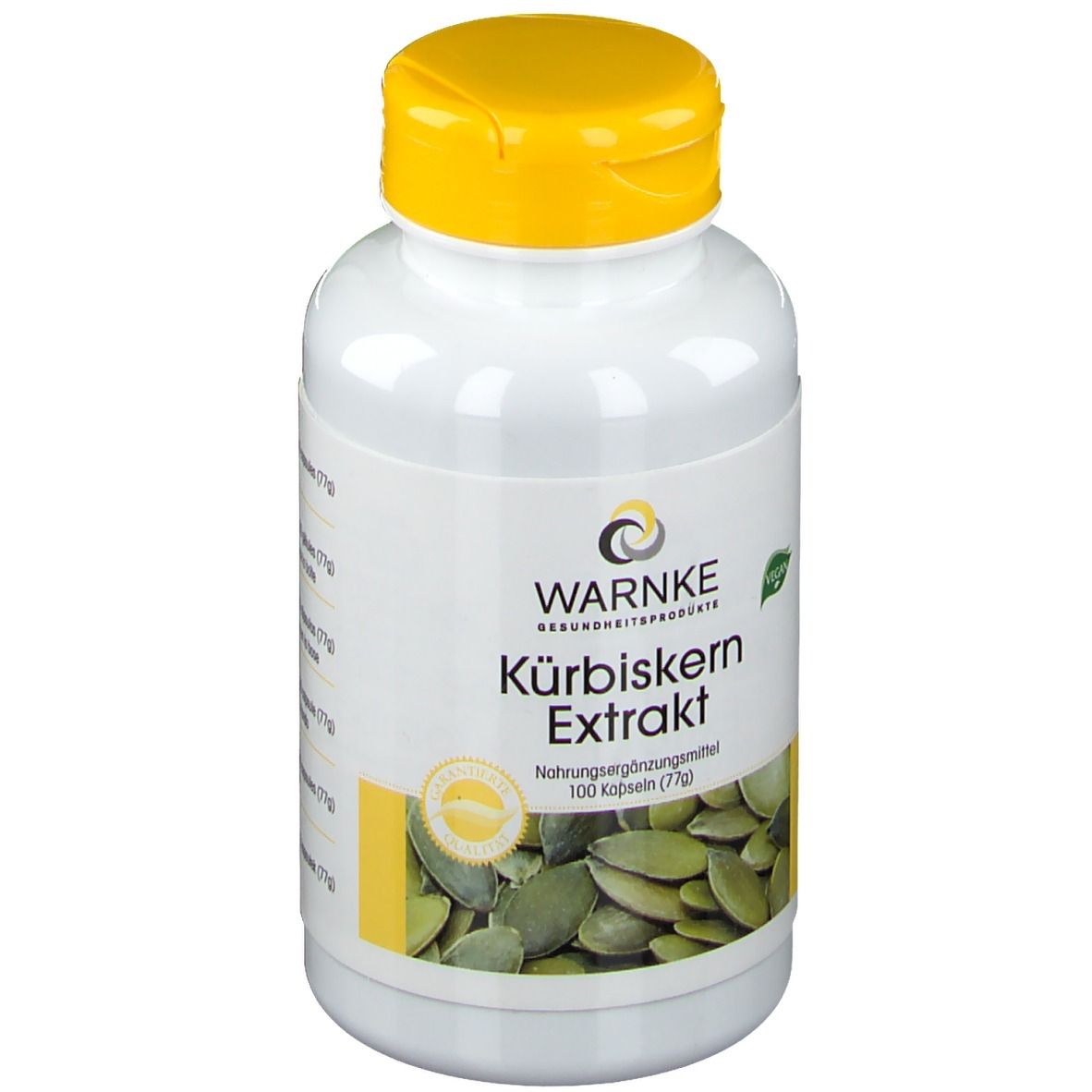 Weiße Flasche mit gelbem Deckel. Aufschrift: WARNKE Kürbiskern Extrakt. Vegan-Siegel. Abbildung von Kürbiskernen.