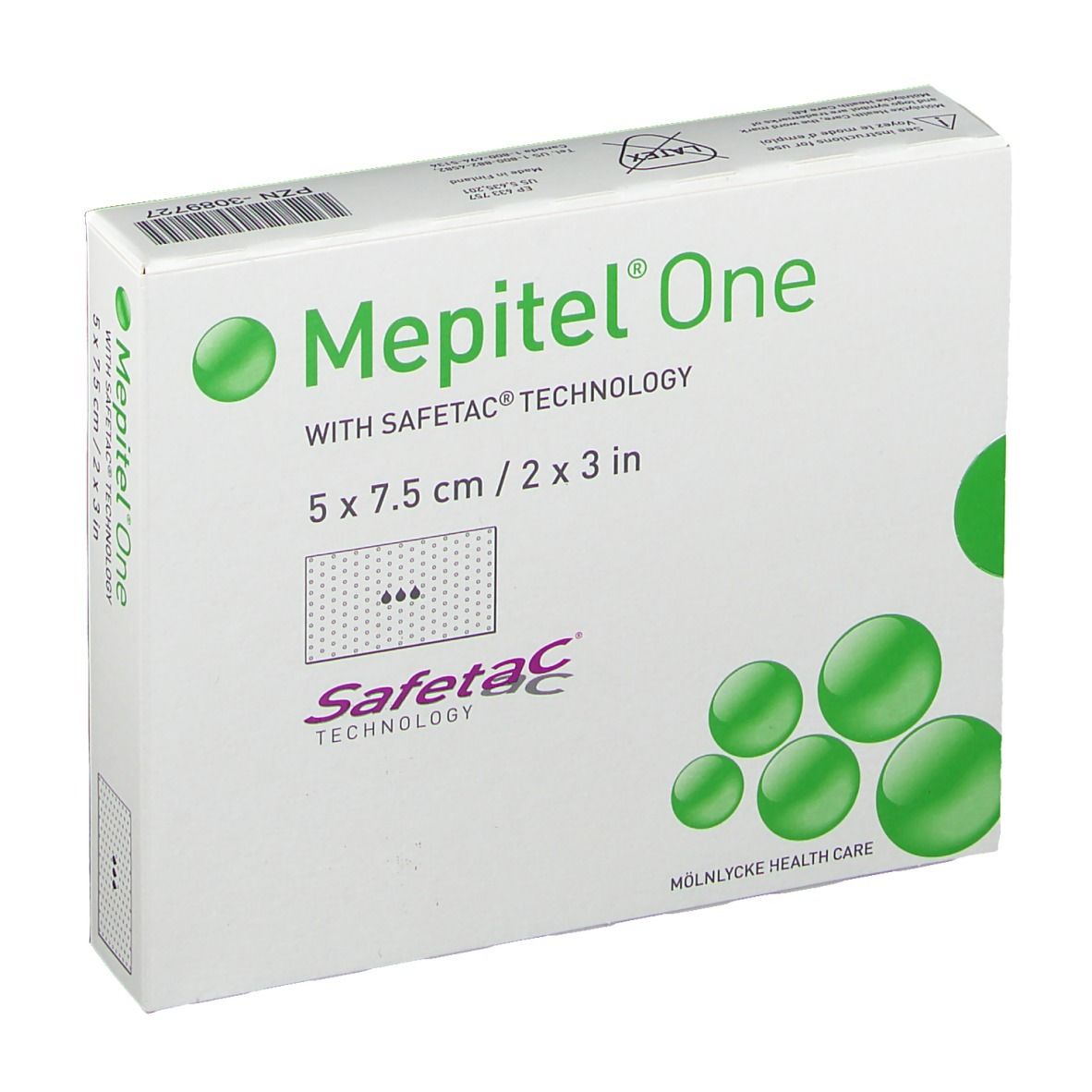 Verpackung von Mepitel One. Aufdruck: 5 x 7,5 cm, Safetac Technology. Grüne Kreise als Designelement.