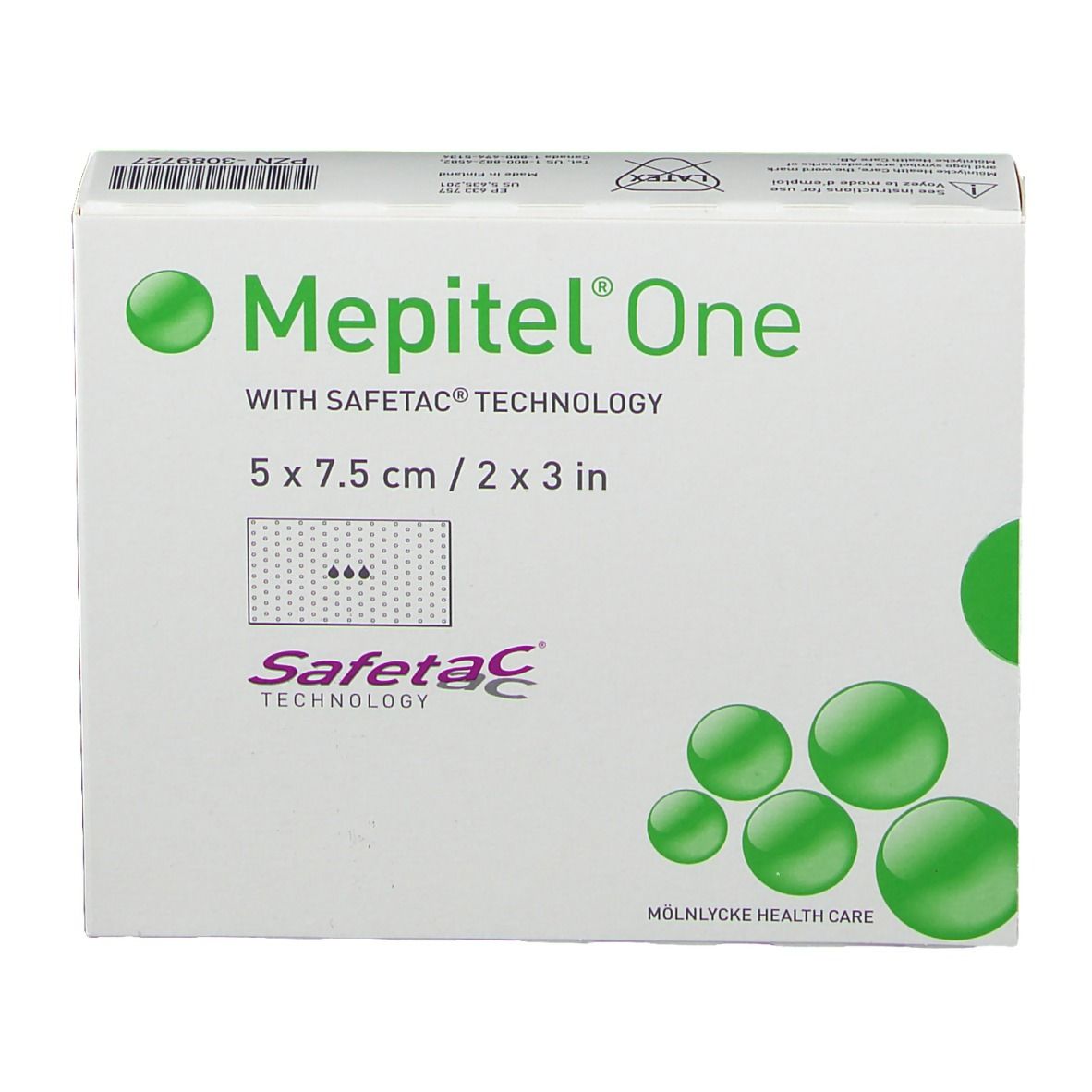 Verpackung von Mepitel One. Aufdruck: 5 x 7,5 cm, Safetac Technology. Grüne Kreise als Designelement.