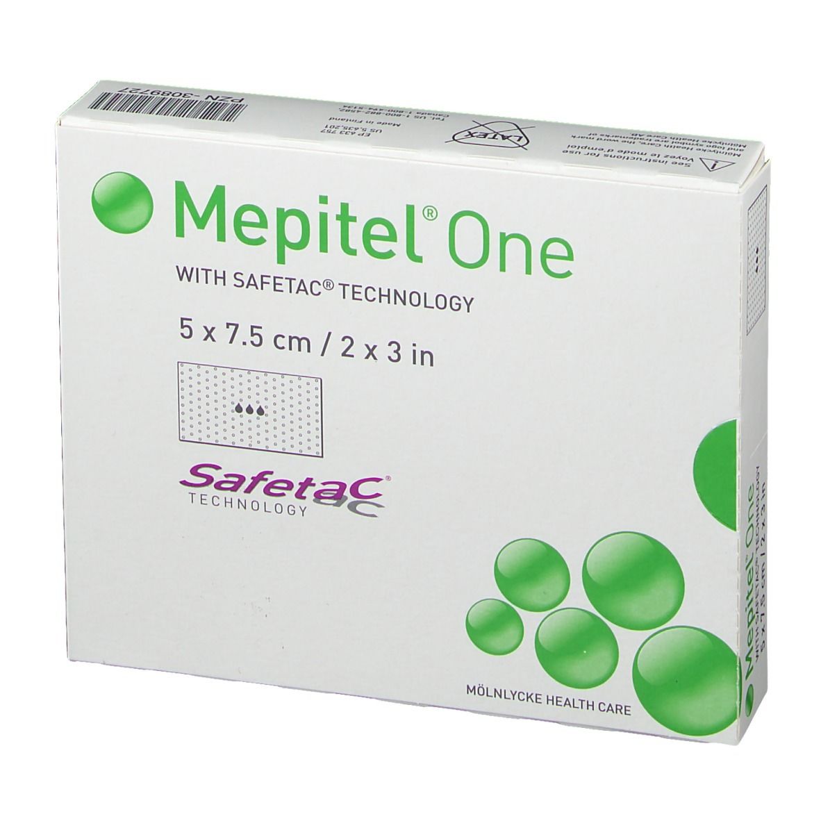 Verpackung von Mepitel One. Aufdruck: 5 x 7,5 cm, Safetac Technology. Grüne Kreise als Designelement.