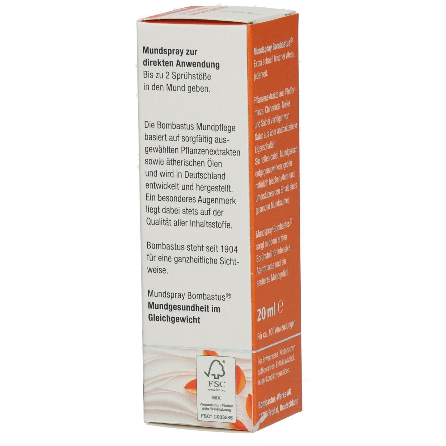 Karton mit Mundspray. Aufschrift: Mundspray zur direkten Anwendung. 20 ml. FSC-Siegel. Text in deutscher Sprache.