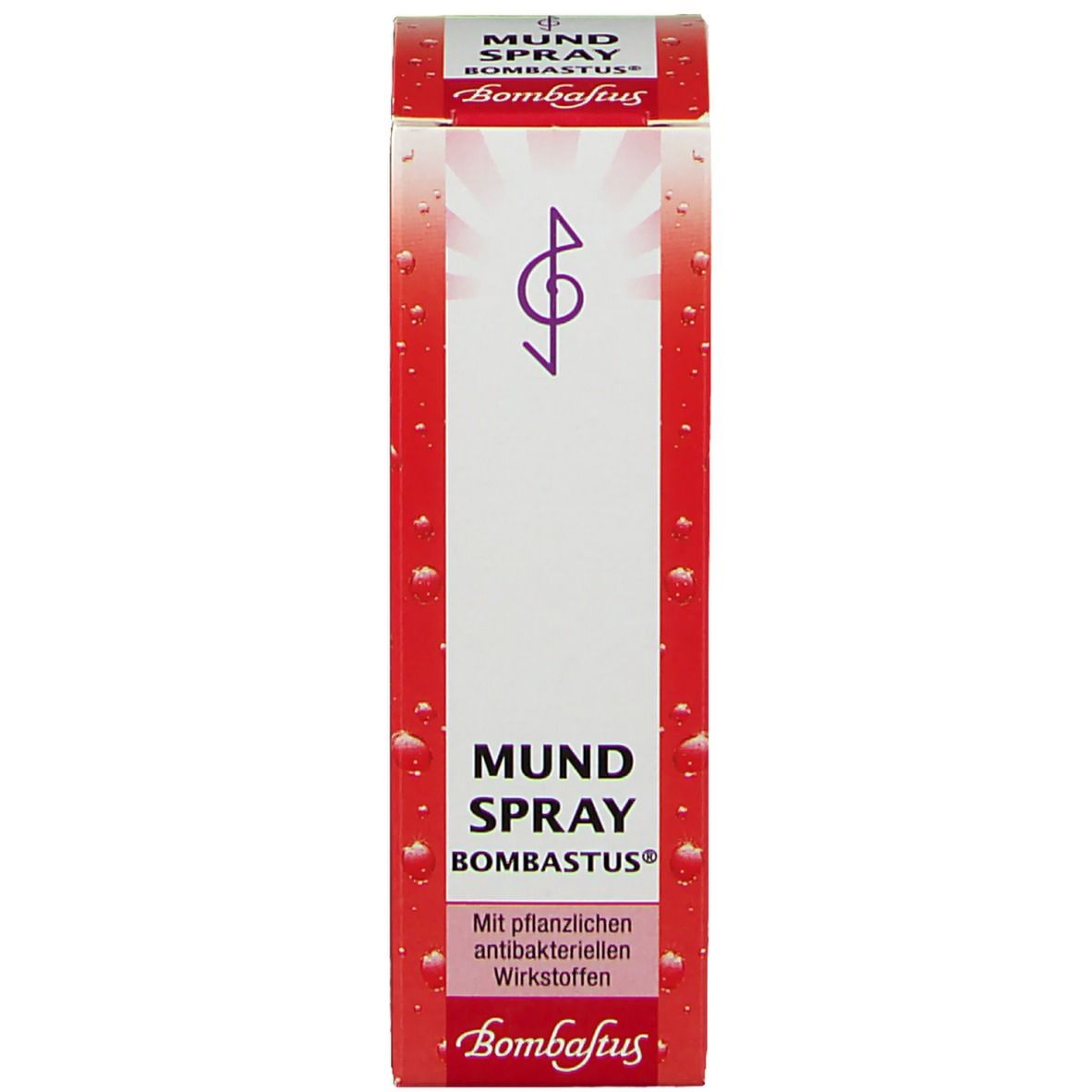 Produktverpackung. Aufschrift: Mundspray Bombastus. Mit pflanzlichen Wirkstoffen.
