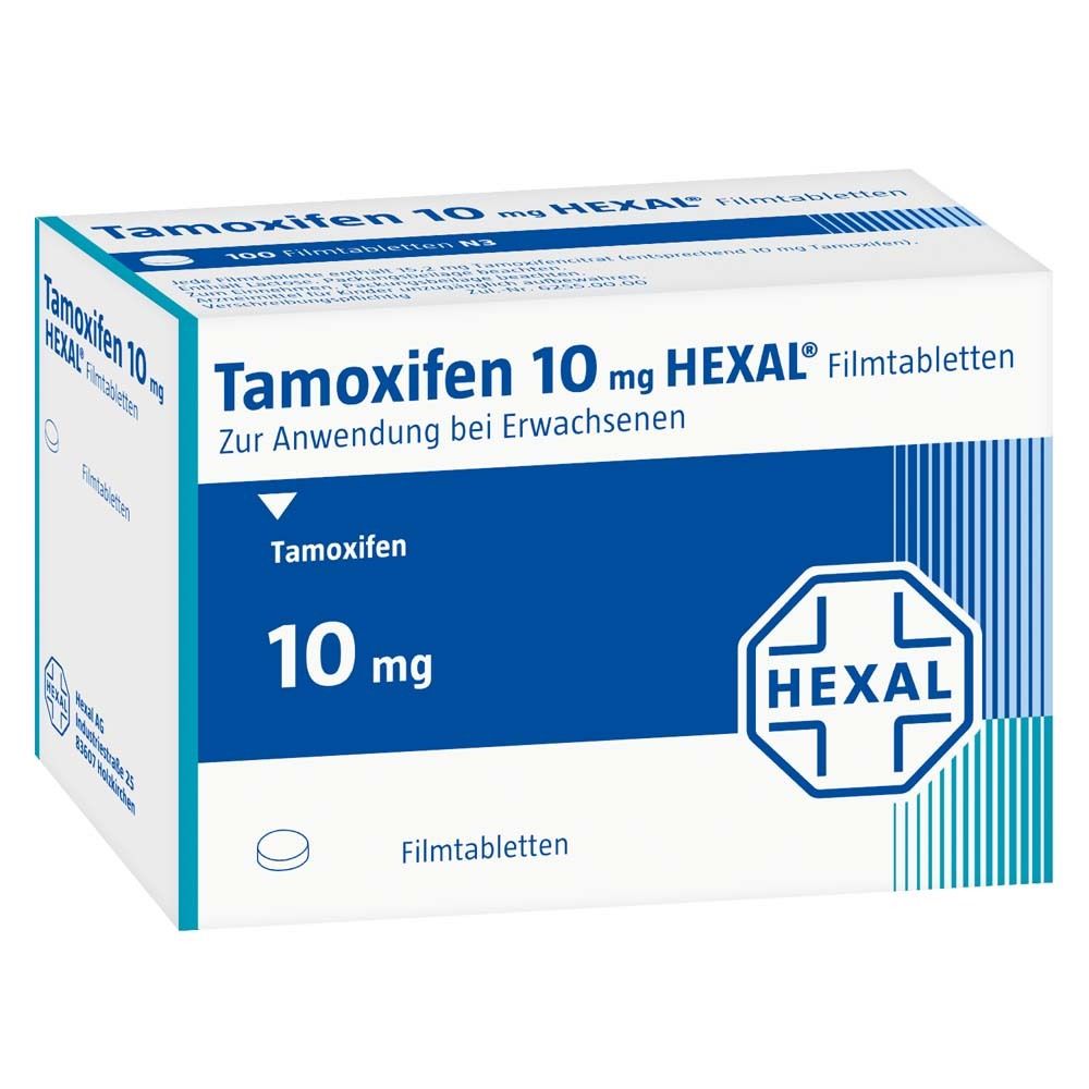 Tamoxifen 10 mg HEXAL Filmtabletten. Weiße Schachtel mit blauer und grüner Schrift. Enthält 100 Tabletten. HEXAL Logo.