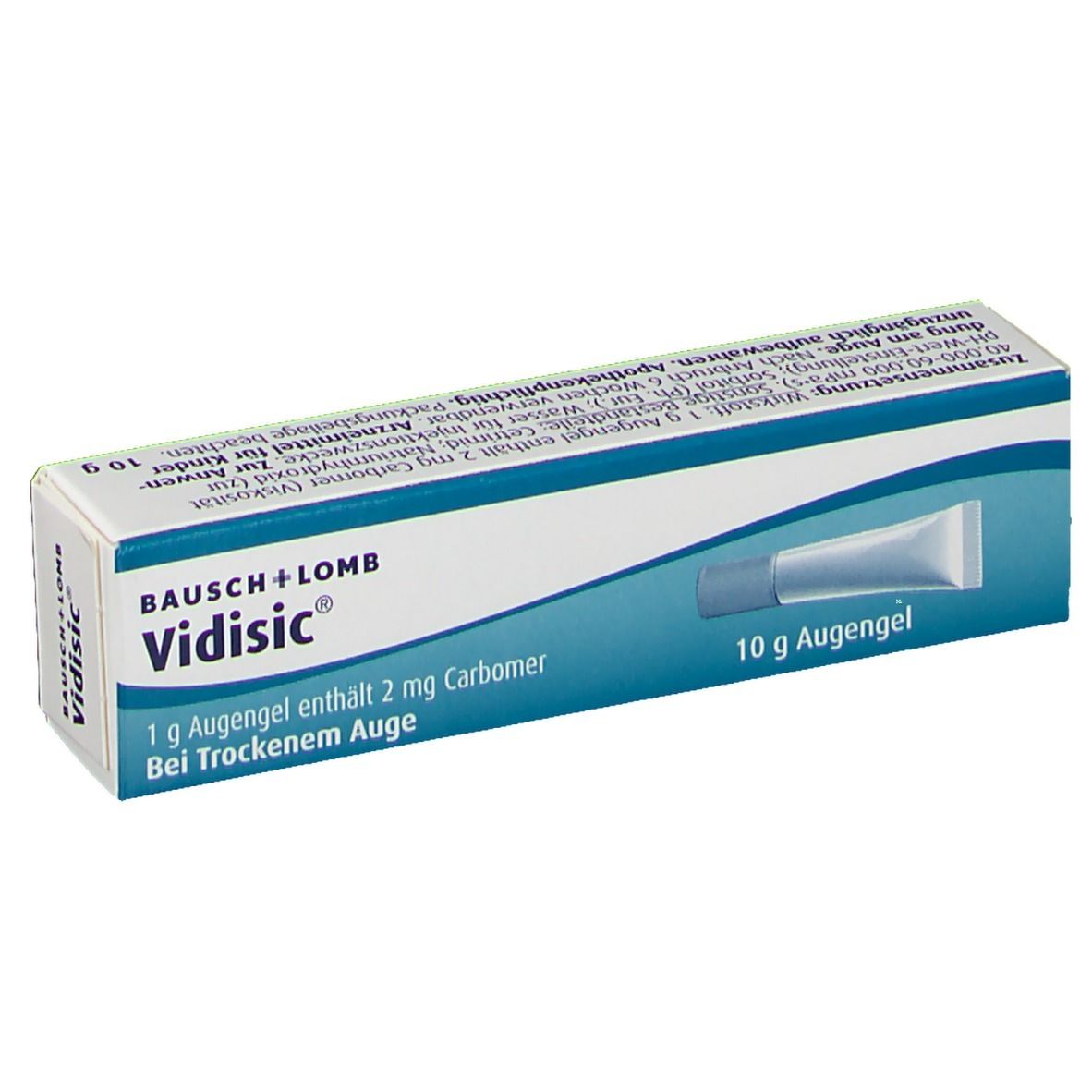 Karton von Vidisic Augengel. Enthält 1 g Augengel mit 2 mg Carbomer. 10 g Augengel. Bausch + Lomb.