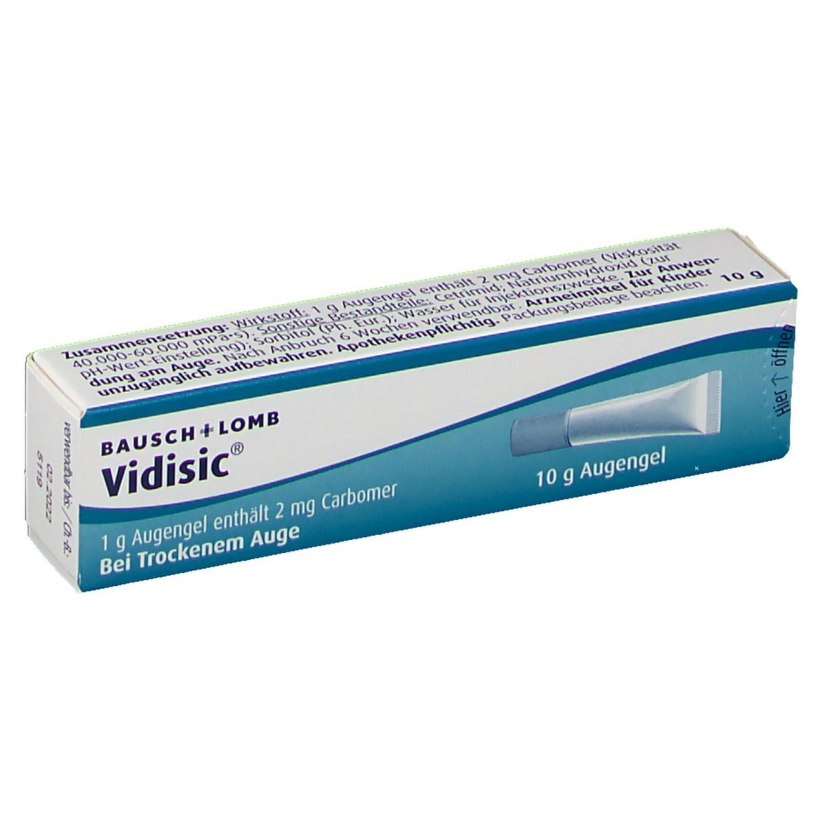 Karton von Vidisic Augengel. Enthält 1 g Augengel mit 2 mg Carbomer. 10 g Augengel. Bausch + Lomb.