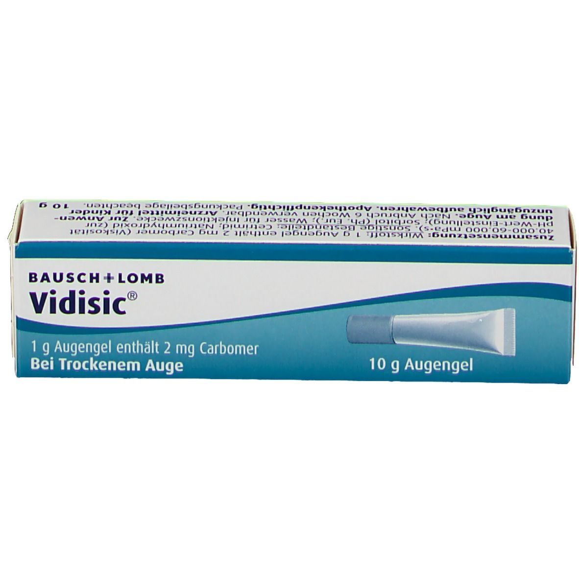 Karton von Vidisic Augengel. Enthält 1 g Augengel mit 2 mg Carbomer. 10 g Augengel. Bausch + Lomb.