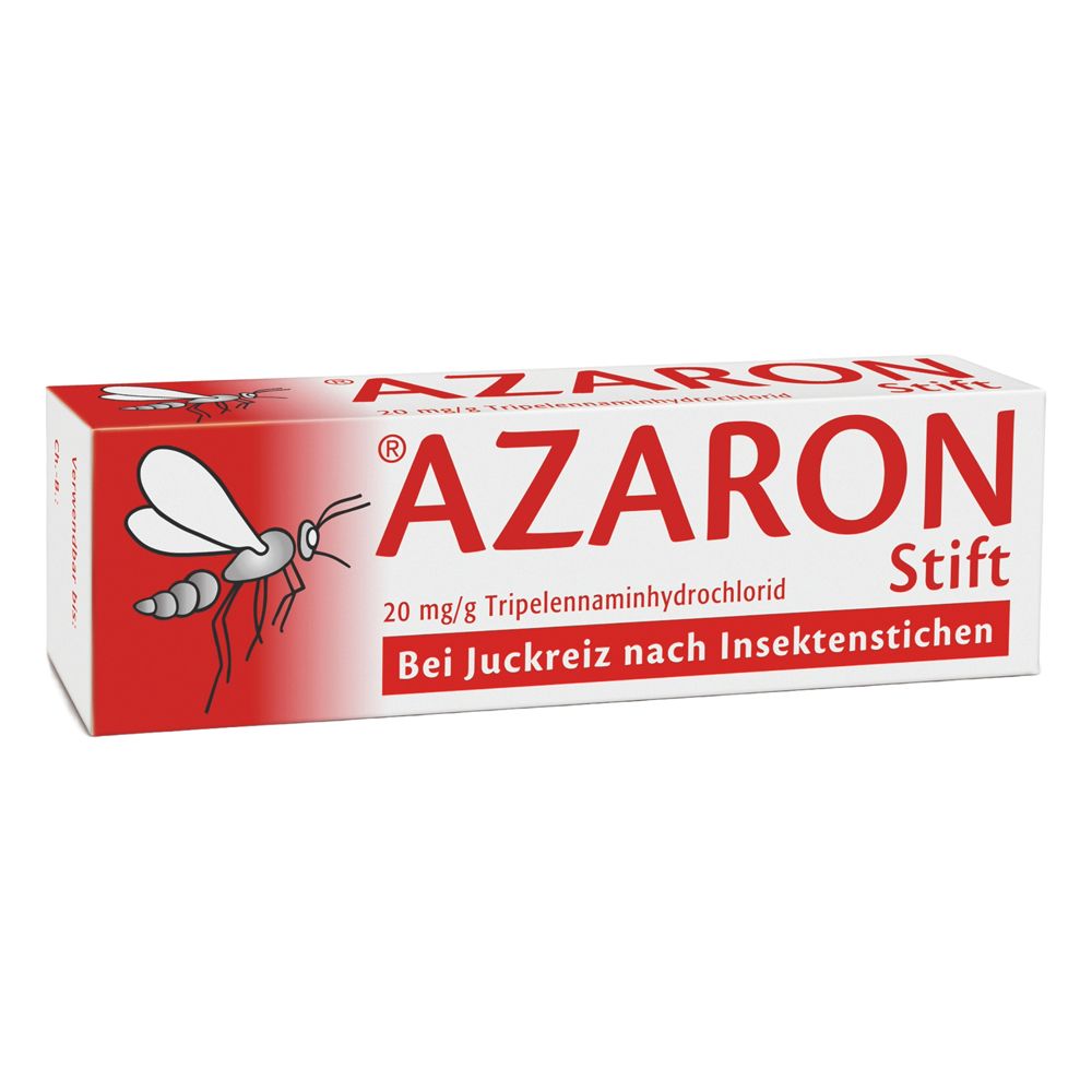Verpackung von AZARON® Stift. Rote und weiße Schachtel mit Produktnamen, Inhaltsstoffen und Insekten-Illustration.