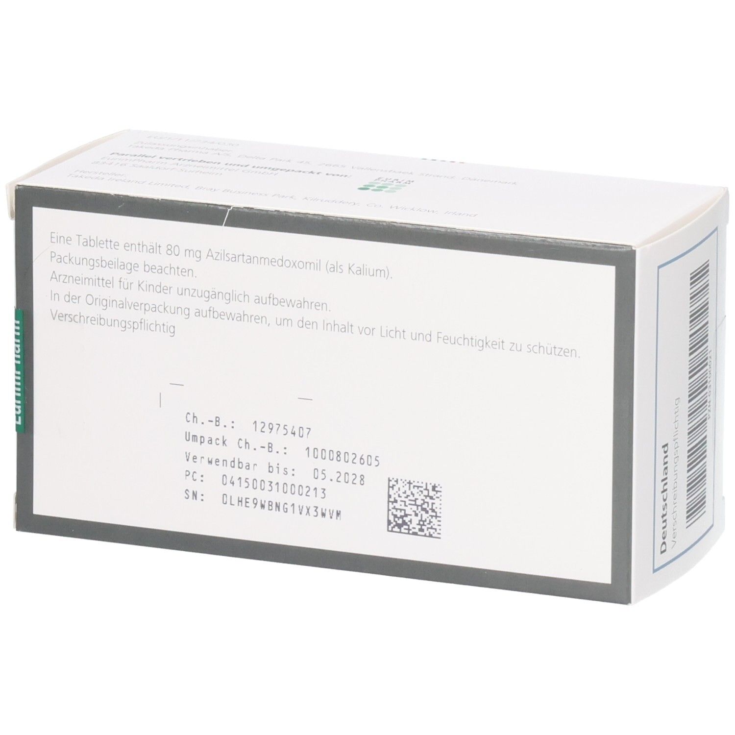 Rückseite der Edarbi 80 mg Tabletten Schachtel mit Chargennummer und Verfallsdatum.