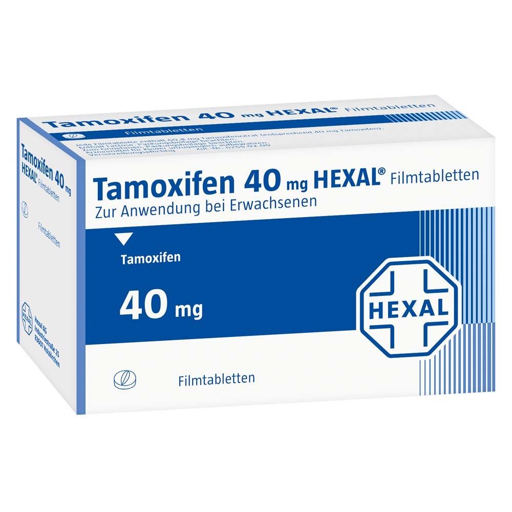 Packung Tamoxifen 40 mg HEXAL Filmtabletten. Blaue und weiße Verpackung mit Produktnamen und HEXAL-Logo.