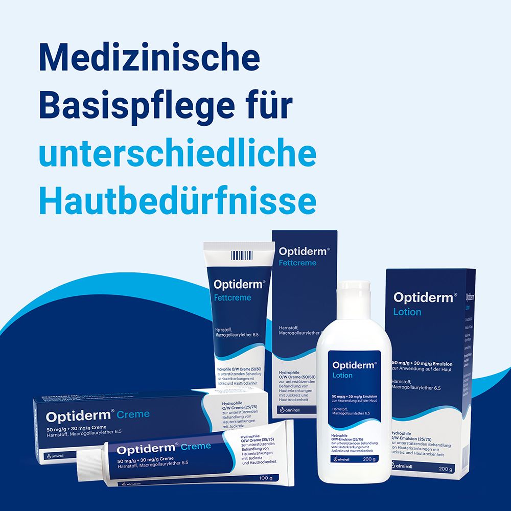 Optiderm Creme, Lotion und Feticreme in verschiedenen Packungsgrößen.
