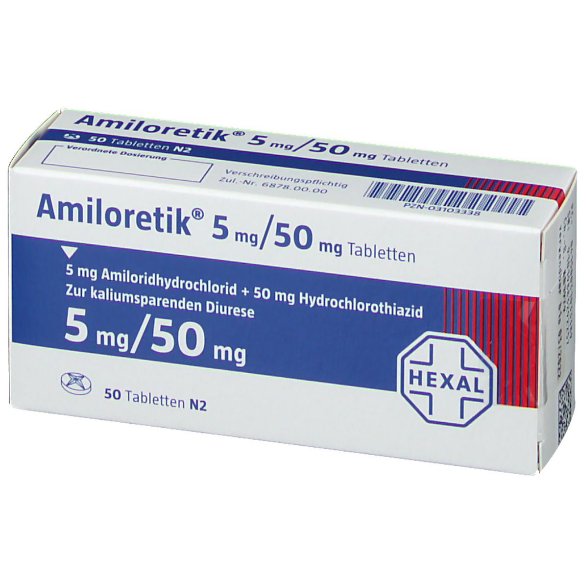 Schachtel mit AMILORETIK 5 mg/50 mg Tabletten. Blaue und weiße Verpackung. Enthält 50 Tabletten. Hexal-Logo.