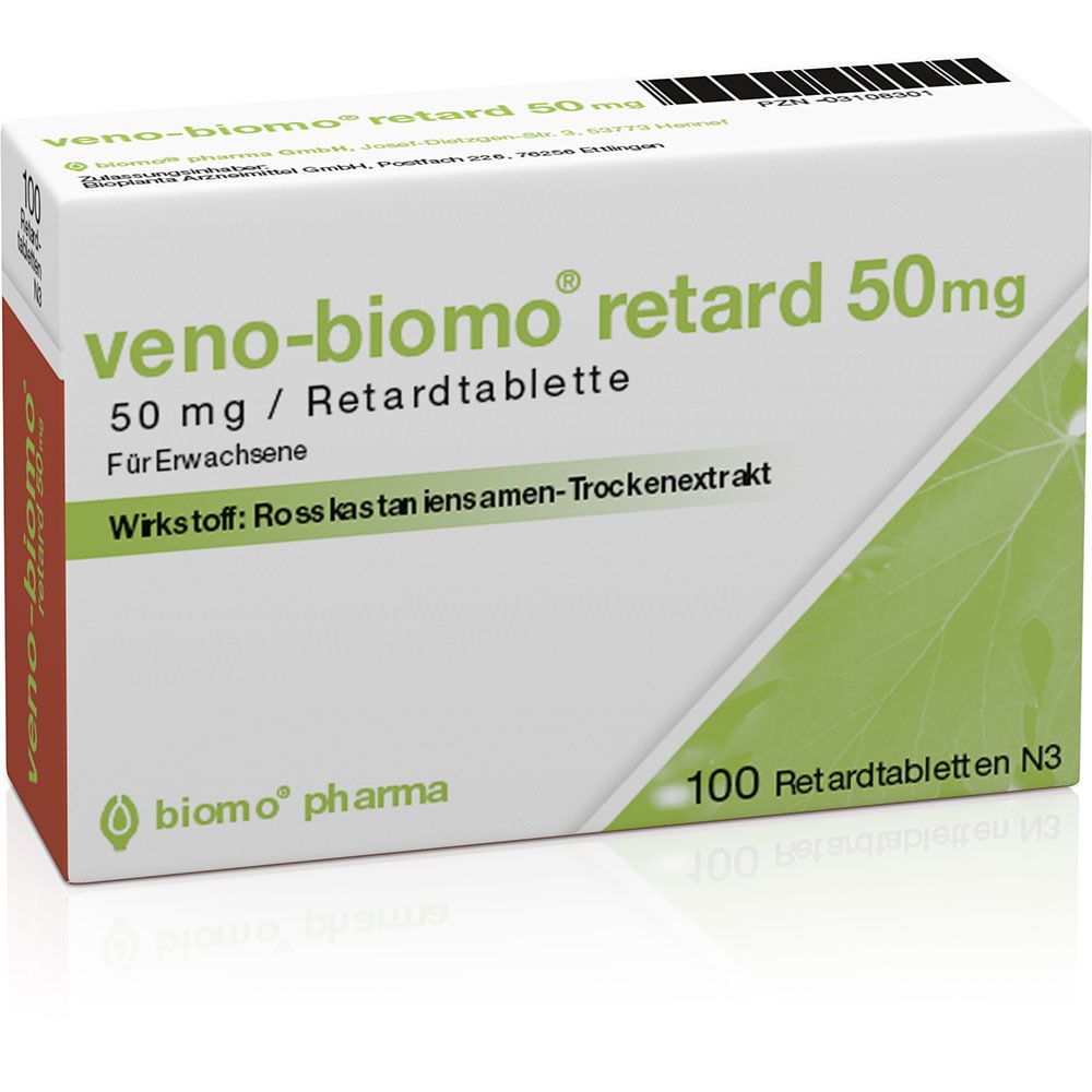 Verpackung von veno-biomo® retard 50 mg. Weiße Schachtel mit grüner Schrift. Enthält 100 Retardtabletten.