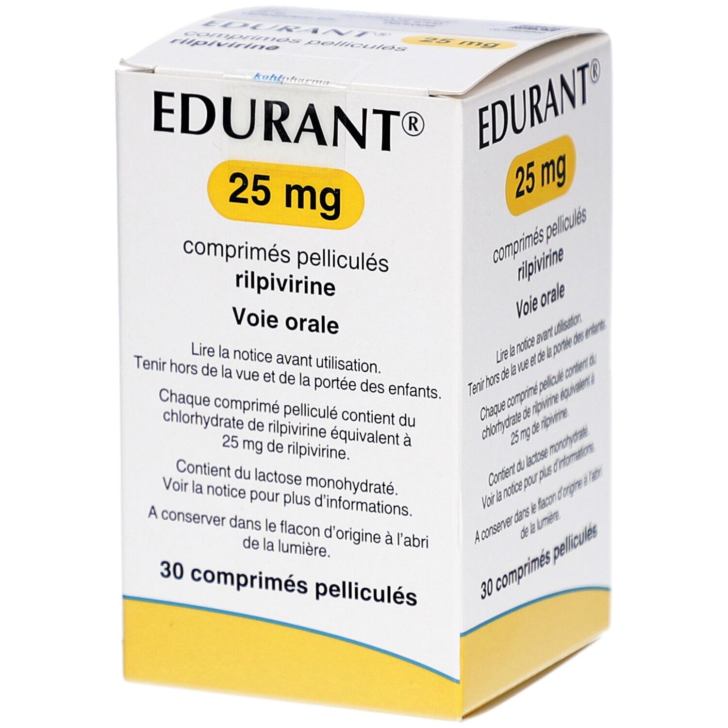 Schachtel mit EDURANT 25 mg Tabletten. Gelber Kreis mit 25 mg. Französische Beschriftung.