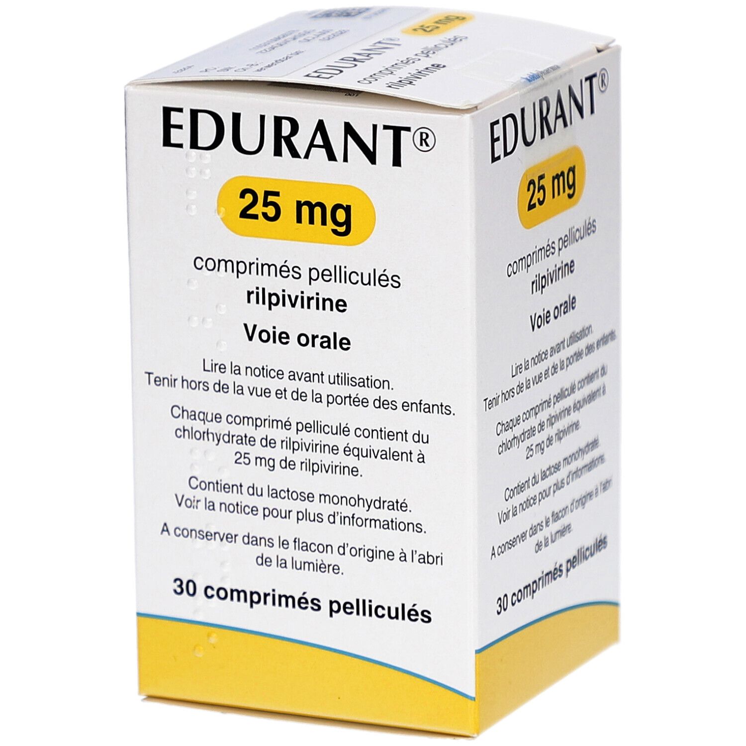 Schachtel mit EDURANT 25 mg Tabletten. Gelber Kreis mit 25 mg. Französische Beschriftung.