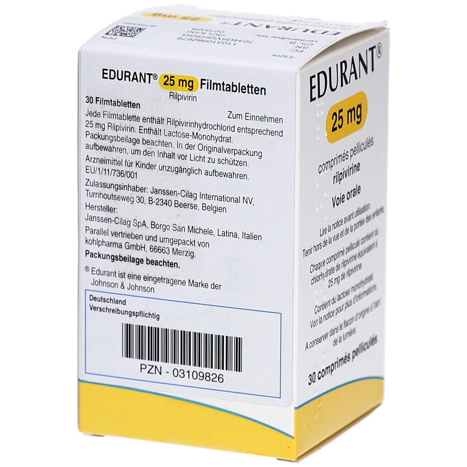 Schachtel mit EDURANT 25 mg Filmtabletten. Gelber Kreis mit 25 mg. Deutsche und französische Beschriftung.