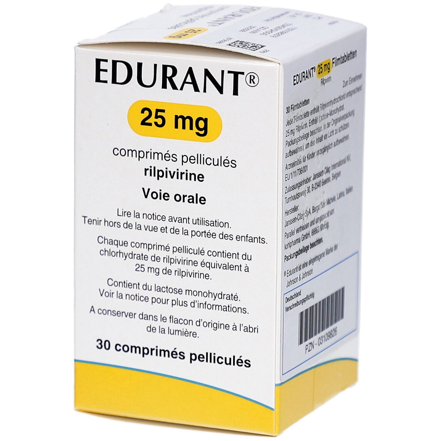Schachtel mit EDURANT 25 mg Tabletten. Gelber Kreis mit 25 mg. Französische Beschriftung.