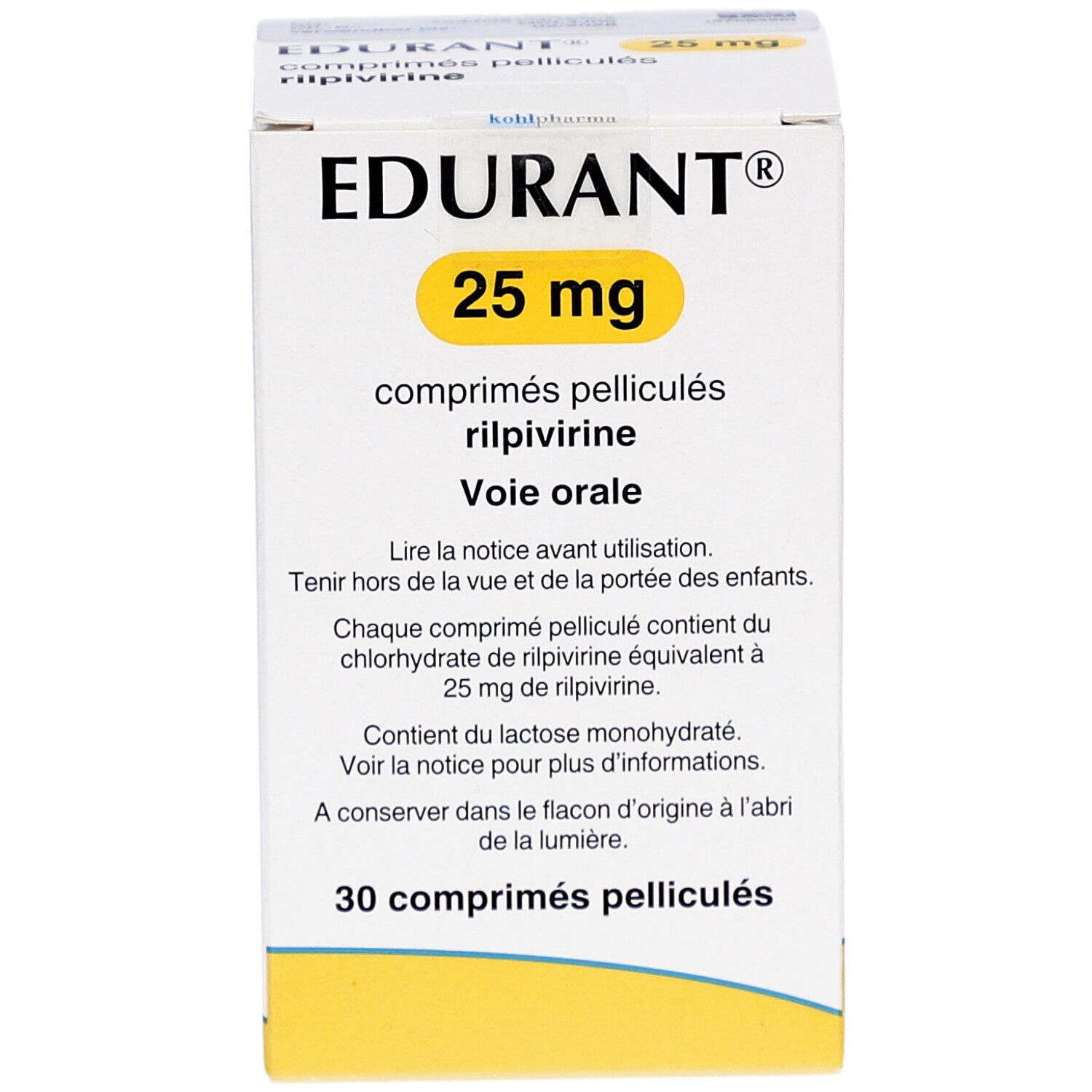 Schachtel mit EDURANT 25 mg Tabletten. Gelber Kreis mit 25 mg. Französische Beschriftung.