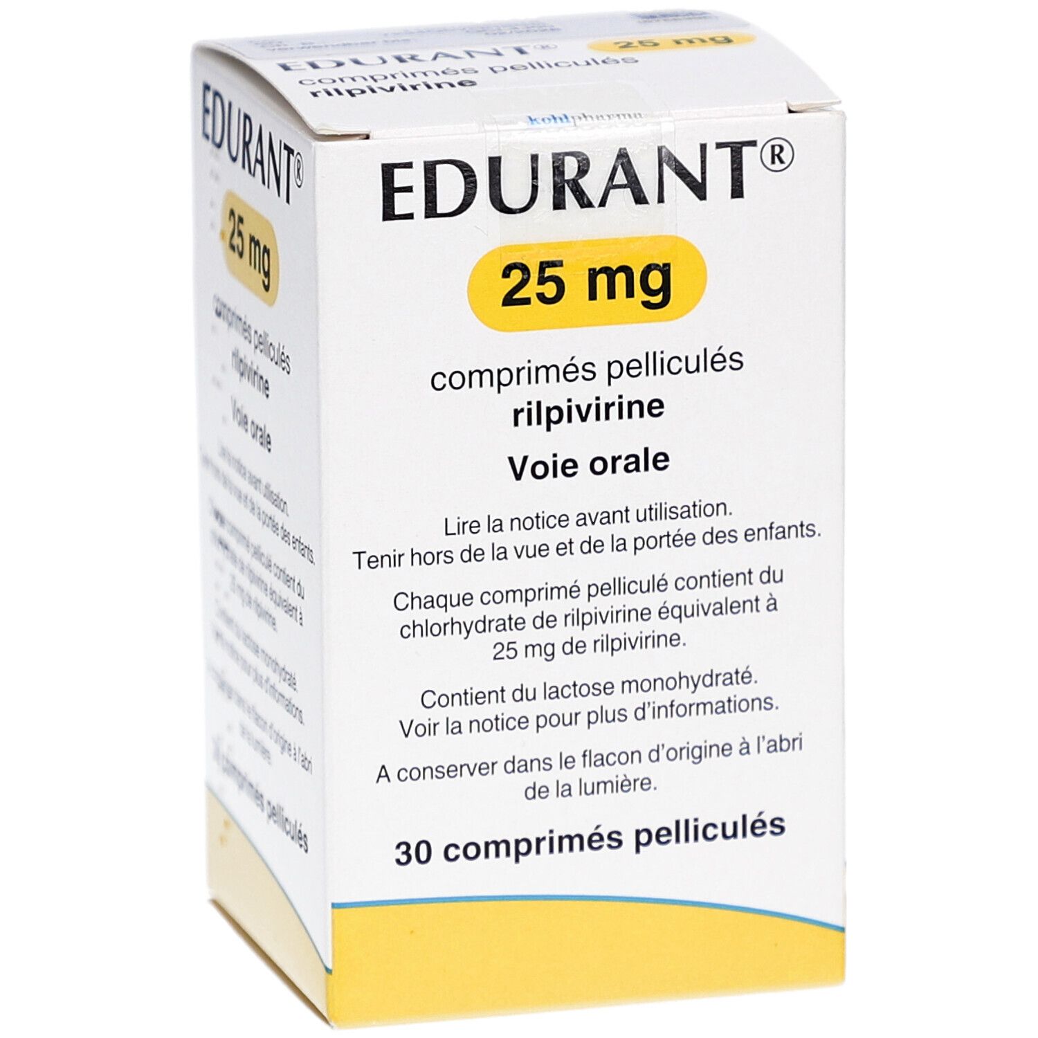 Schachtel mit EDURANT 25 mg Tabletten. Gelber Kreis mit 25 mg. Französische Beschriftung.
