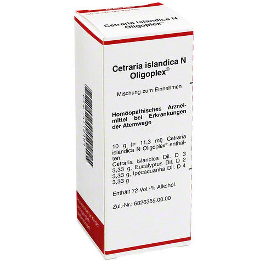 Weiße Schachtel mit roter Umrandung. Aufschrift: Cetraria islandica N Oligoplex. Homöopathisches Arzneimittel.