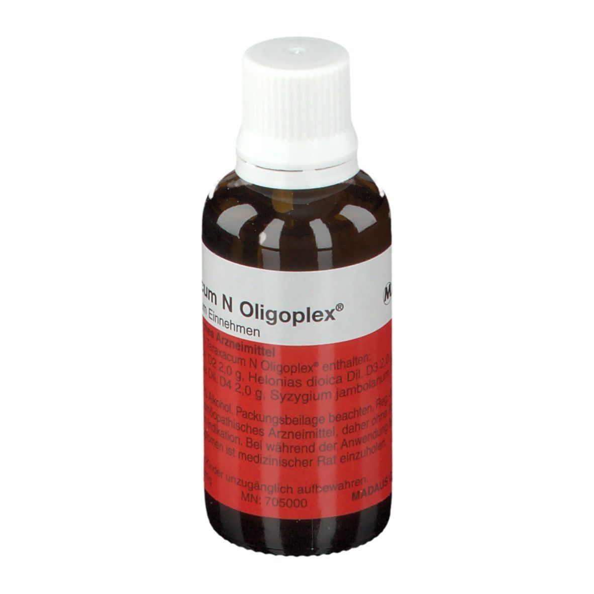 Braune Glasflasche mit weißem Deckel und Etikett. Aufschrift: Taraxacum N Oligoplex®. Marke: MADAUS.