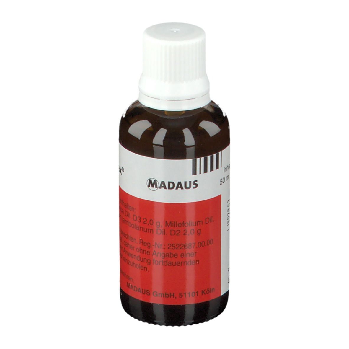 Braune Glasflasche mit weißem Deckel und Etikett. Marke: MADAUS. Aufschrift: 50 ml. Barcode.