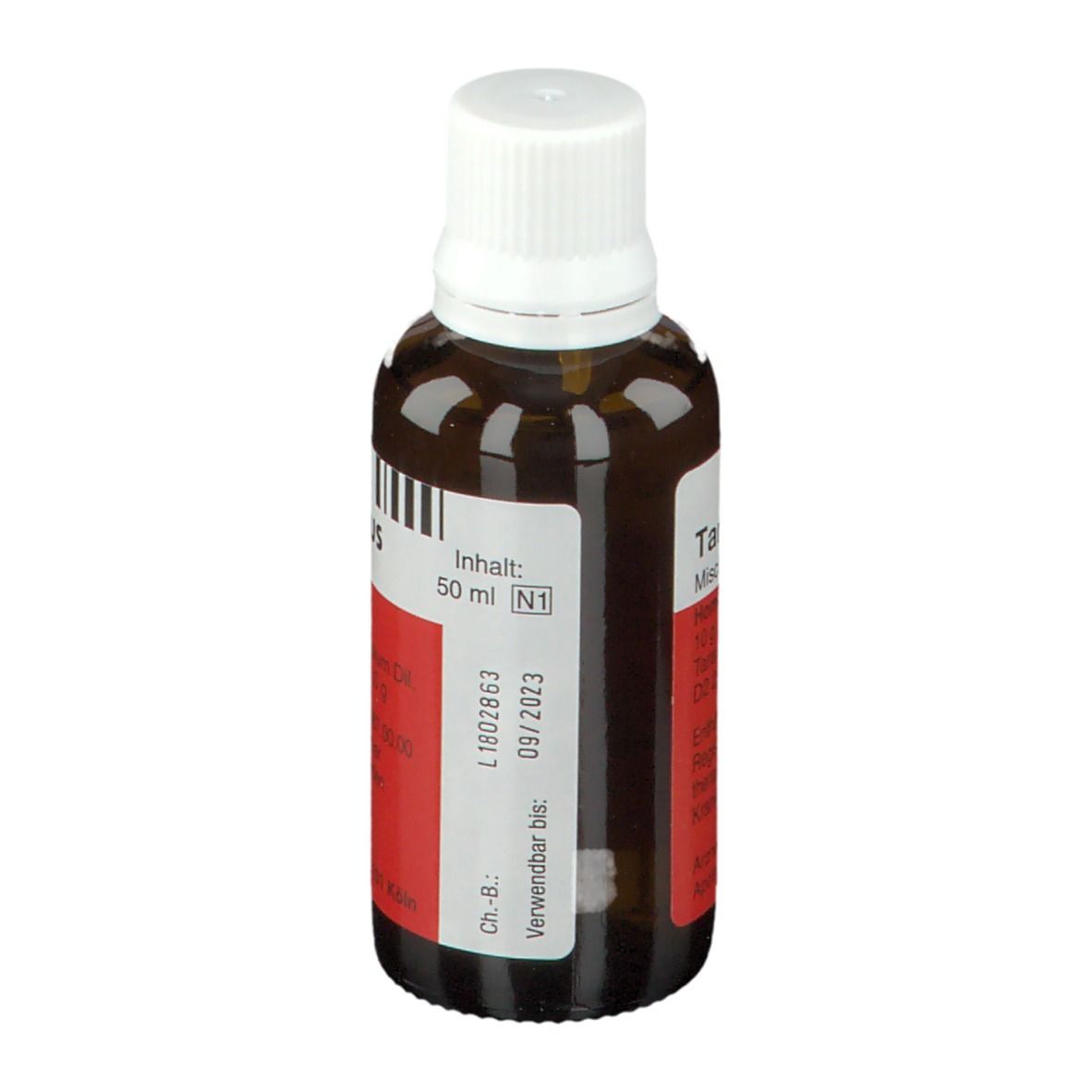 Braune Glasflasche mit weißem Deckel und Etikett. Aufschrift: 50 ml. Verwendbar bis 09/2023.