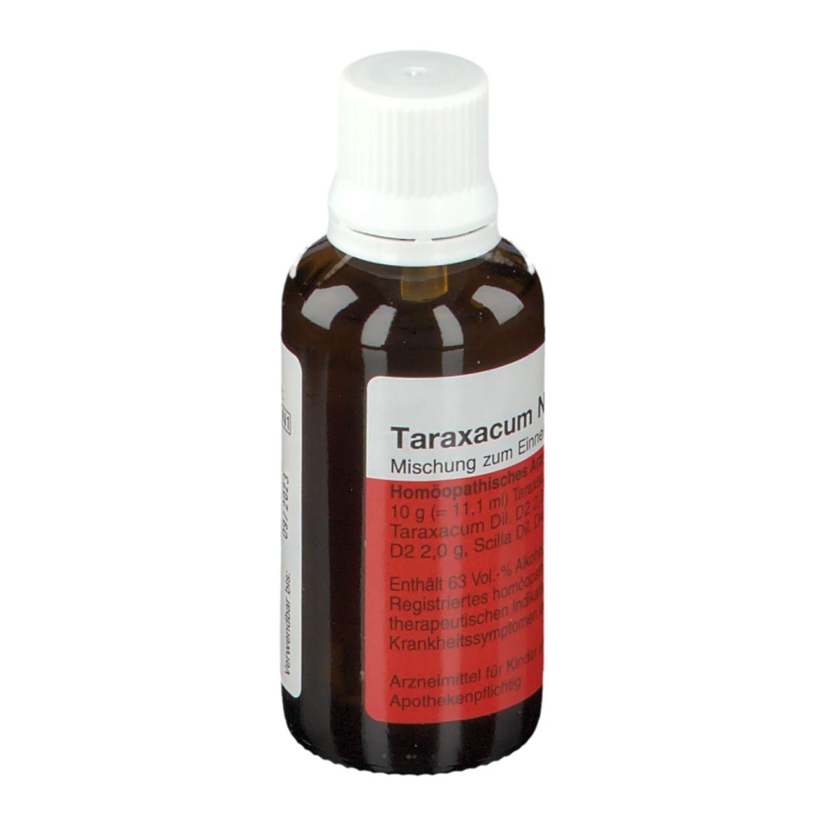 Braune Glasflasche mit weißem Deckel und Etikett. Aufschrift: Taraxacum N. Homöopathisches Arzneimittel.