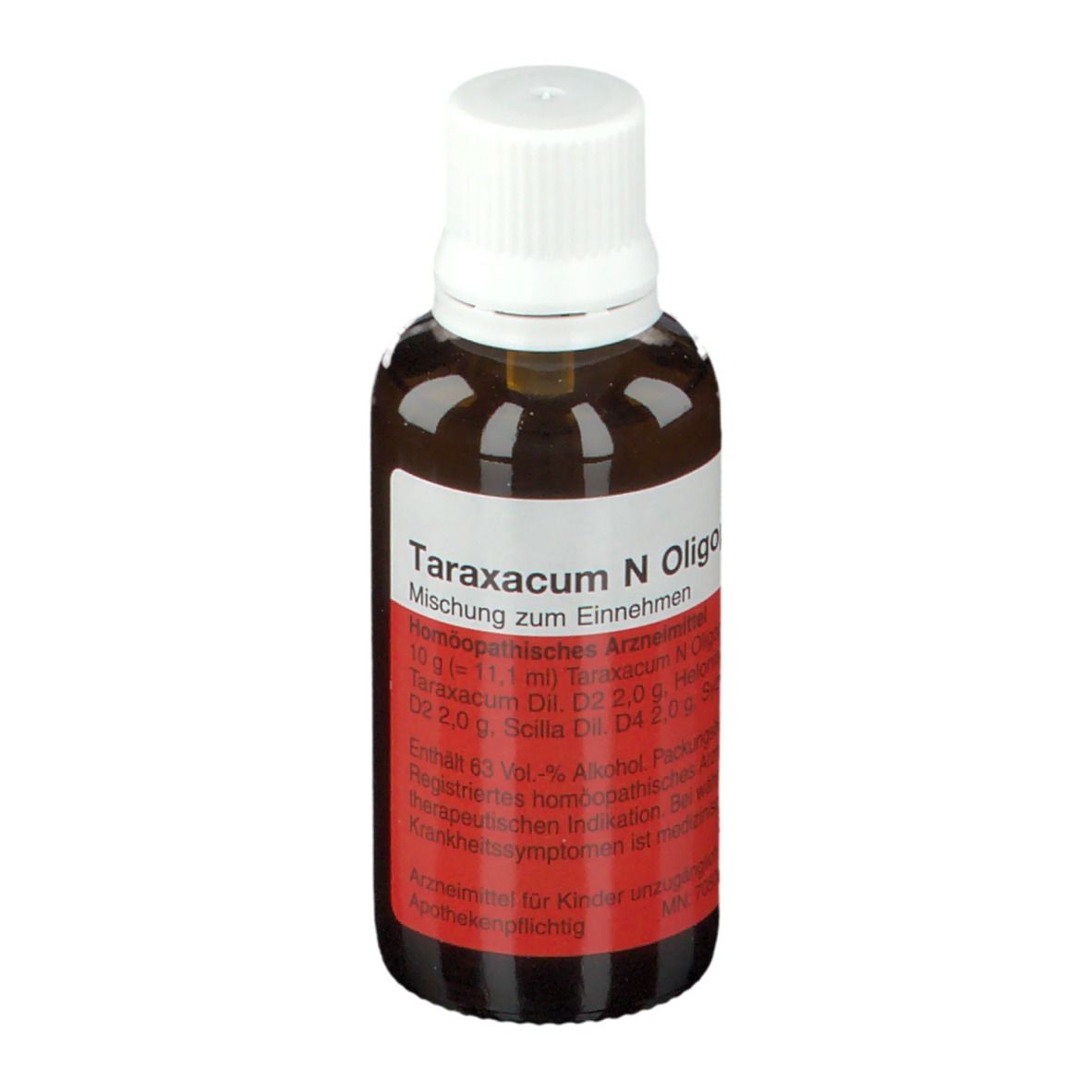 Braune Glasflasche mit weißem Deckel und Etikett. Aufschrift: Taraxacum N Oligoplex®. Homöopathisches Arzneimittel.